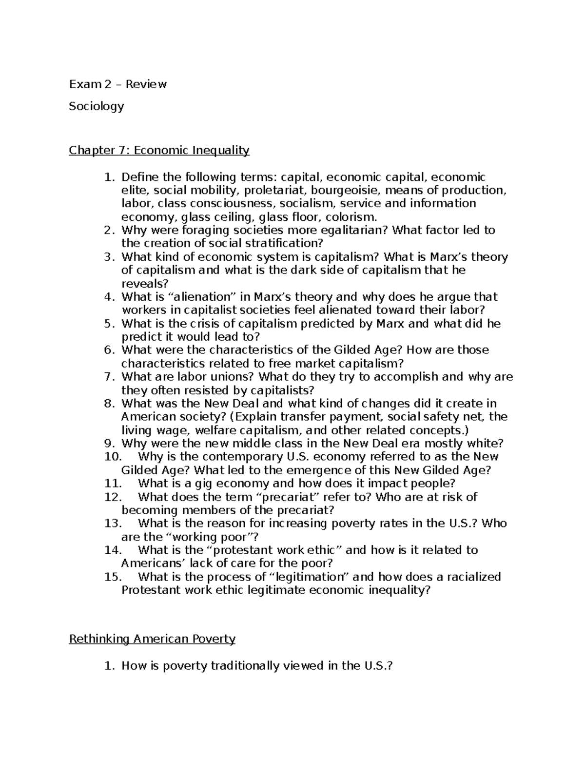 Exam 2 sociology review - Exam 2 – Review Sociology Chapter 7: Economic ...