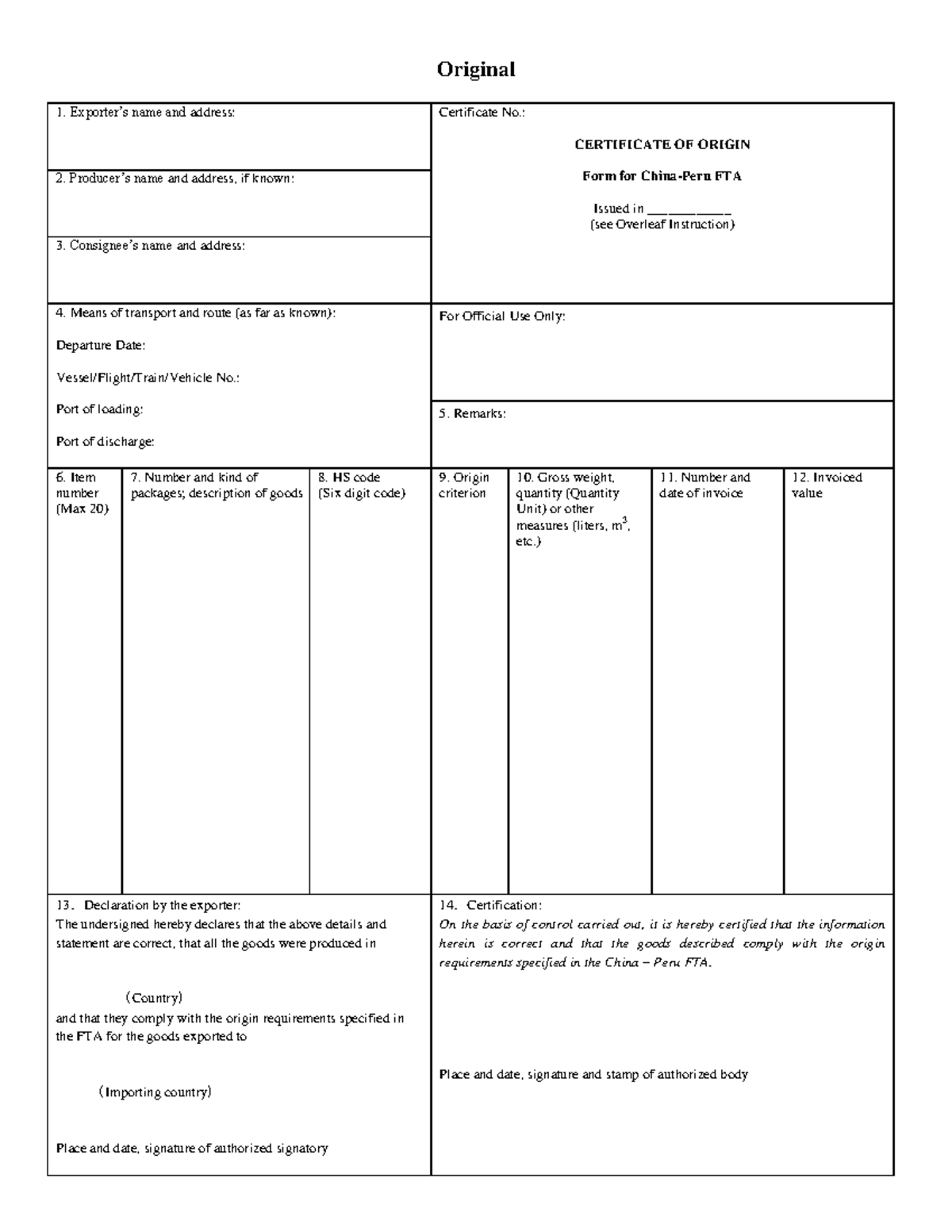 Certificate of origining 1 - Original Exporter’s name and address ...