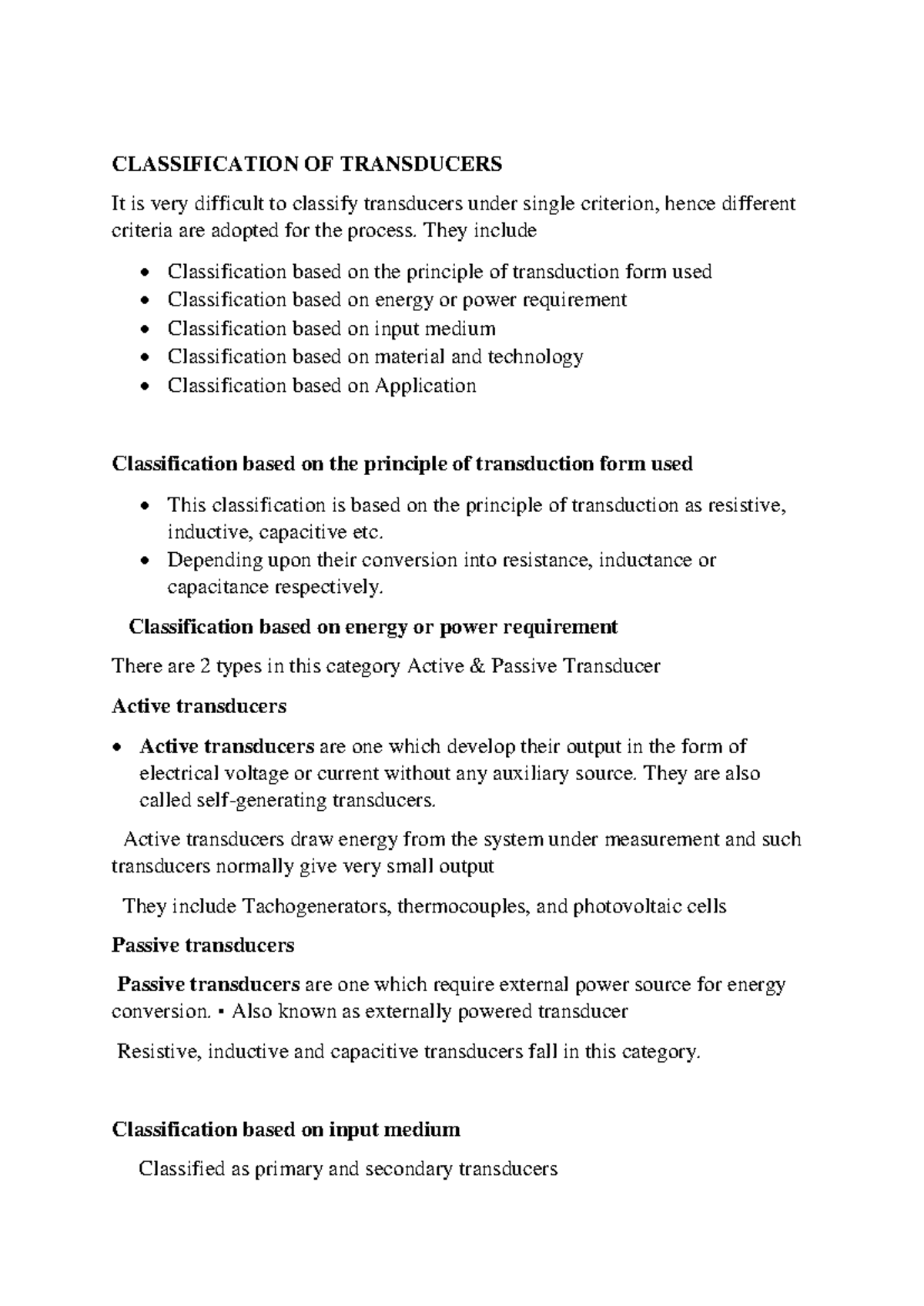 I unit sensor - CLASSIFICATION OF TRANSDUCERS It is very difficult to ...