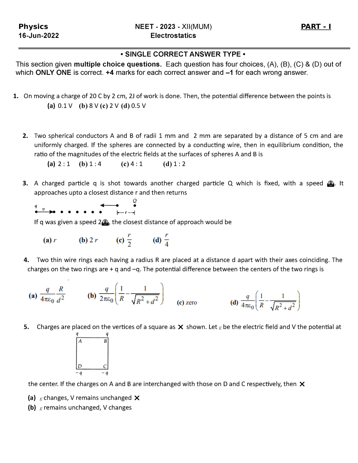 Physics NEET - Each Question Has Four Choices, (A), (B), (C) & (D) Out ...