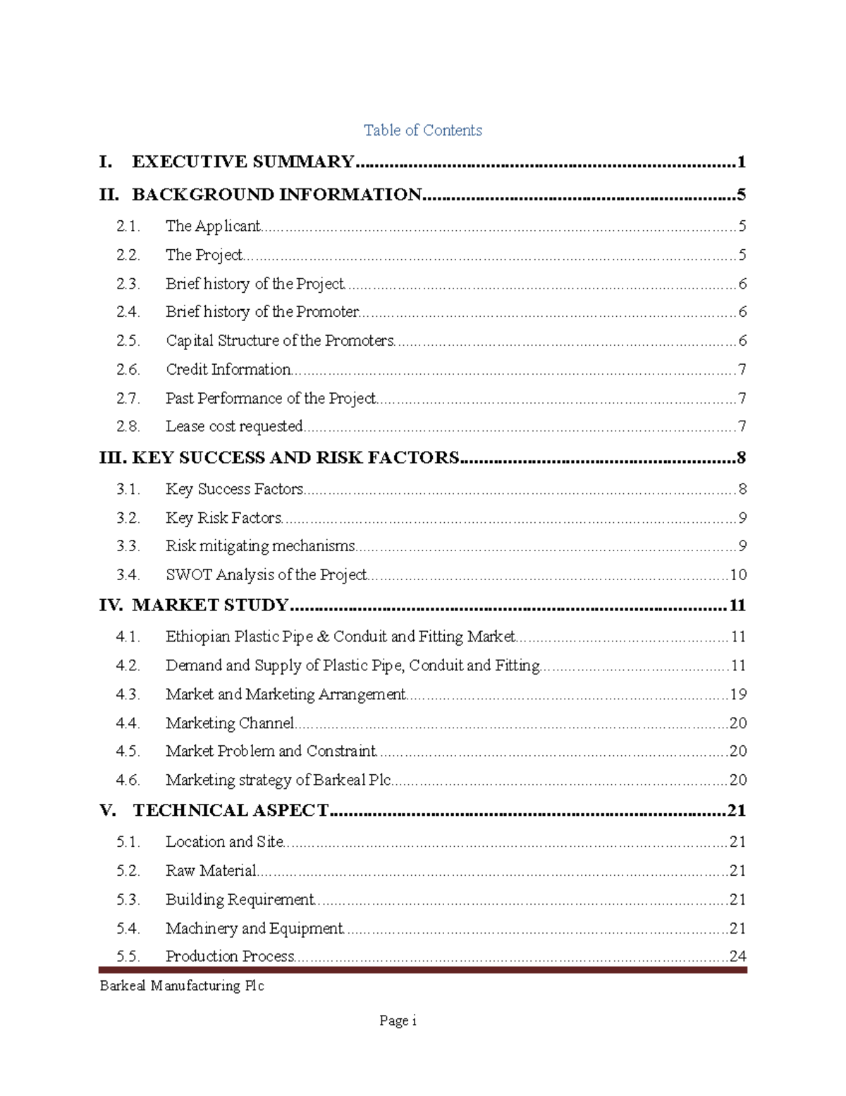 A Plastic (pvc And Hdpe Pipes) Manufacturing - Table Of Contents 