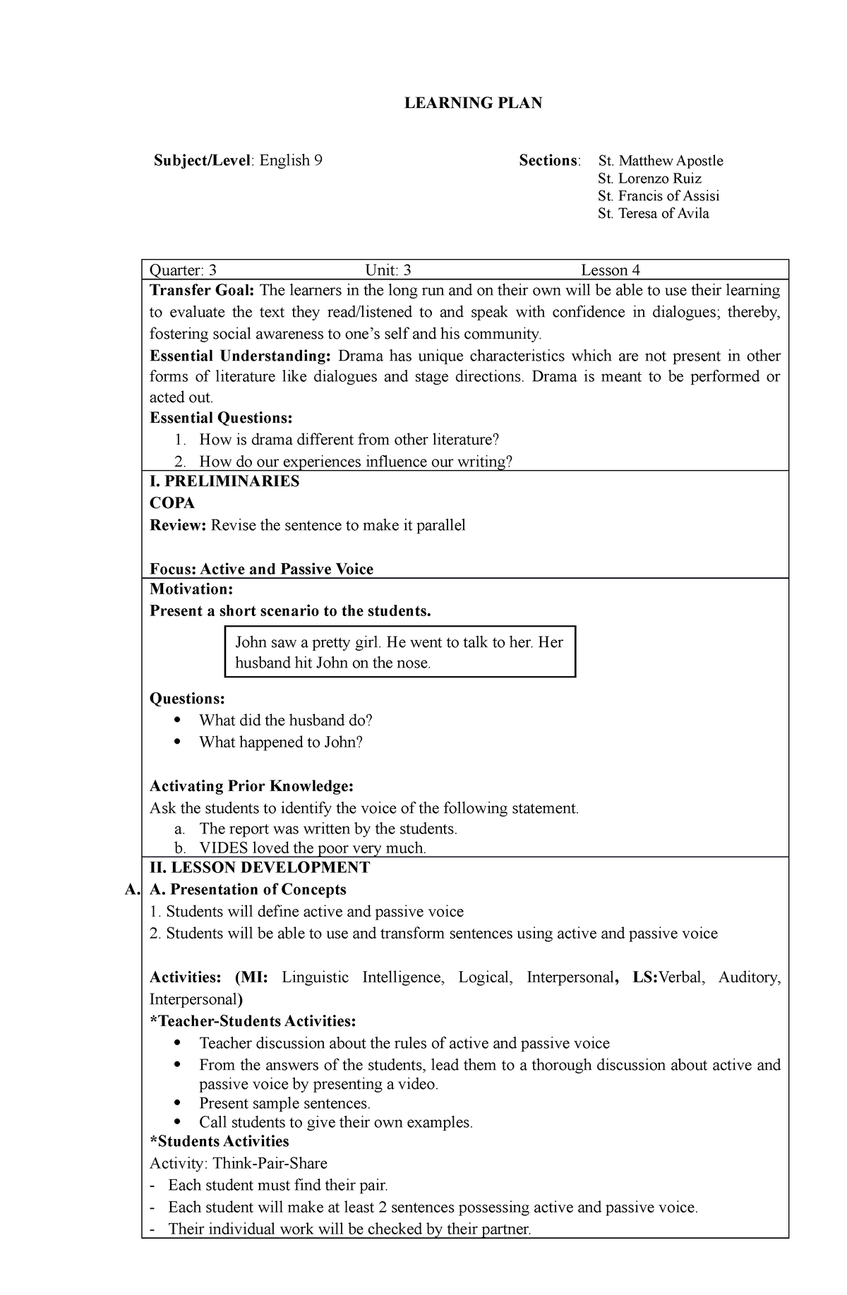 Lesson 4 - Can Be Used For Class - LEARNING PLAN Subject/Level: English ...