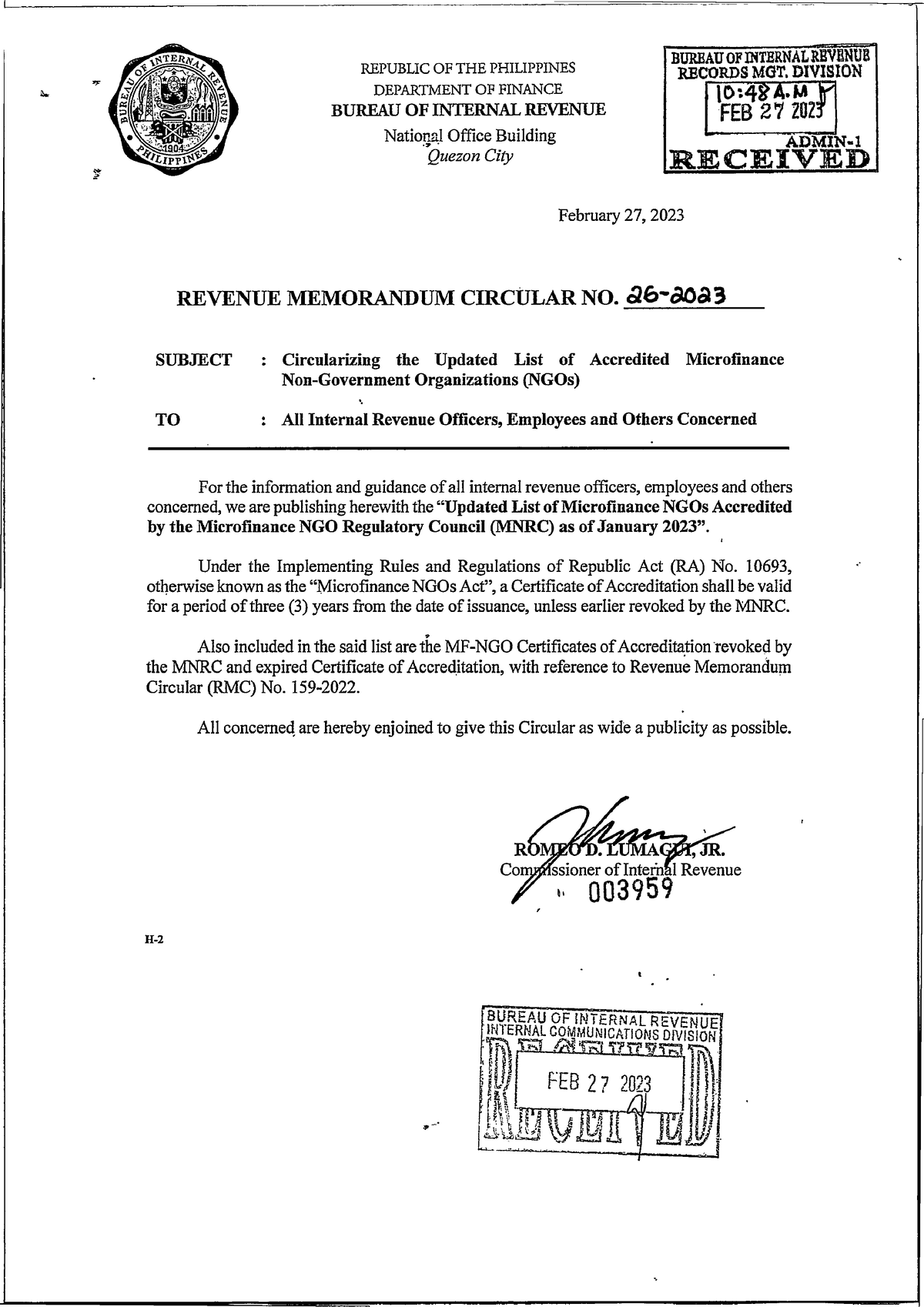 RMC No. 26-2023 - Revenue Memorandum Circular No. 26-2023 circularizes ...