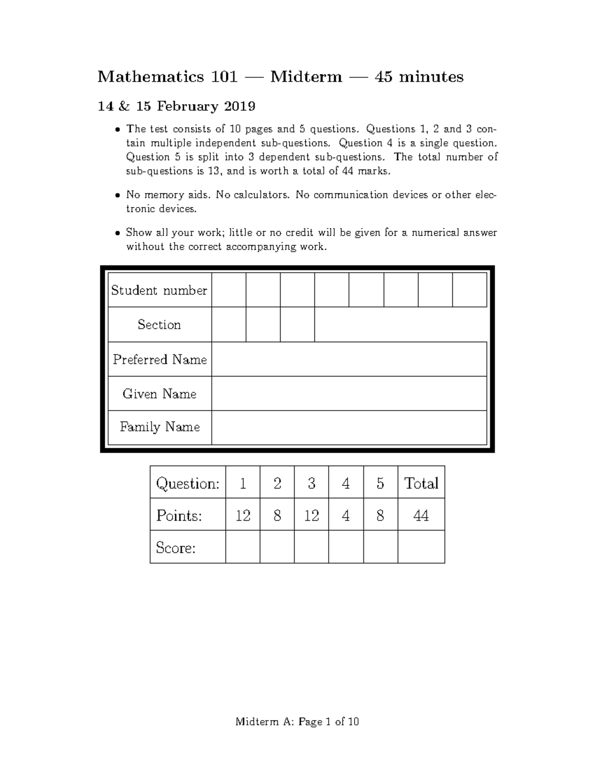 Test 20 1 February 2018, questions - Mathematics 101 — Midterm — 45 ...