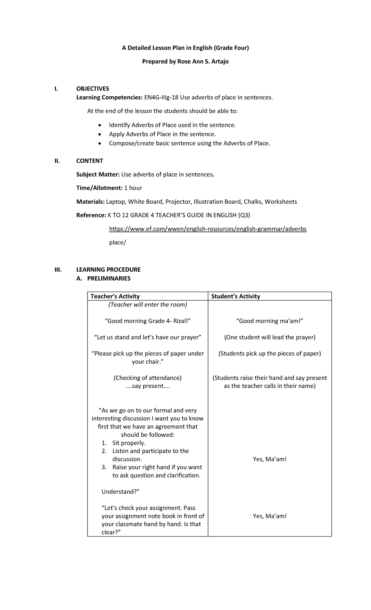 Lesson Plan Format Example Elementary