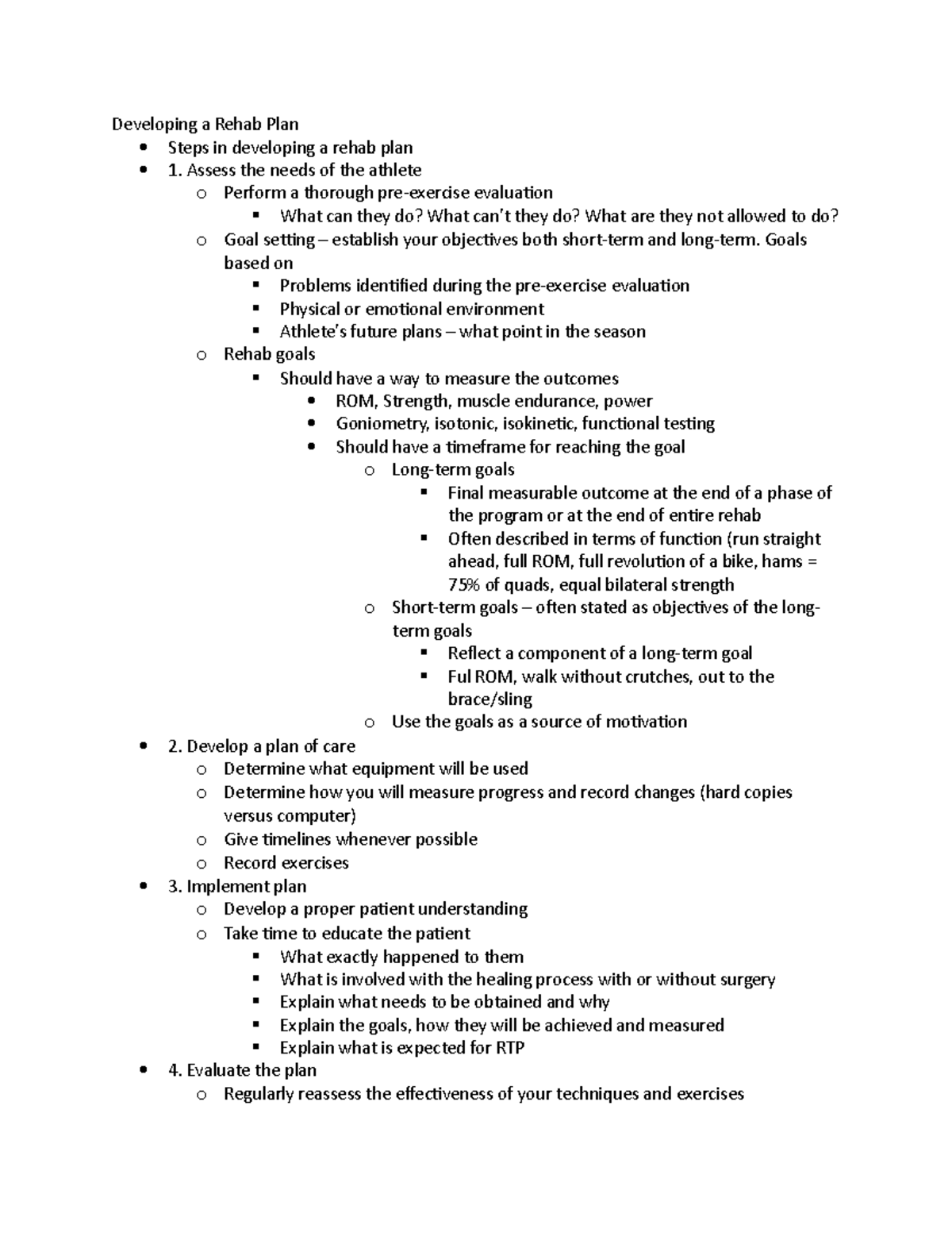 Developing a Rehab Plan - Assess the needs of the athlete o Perform a ...