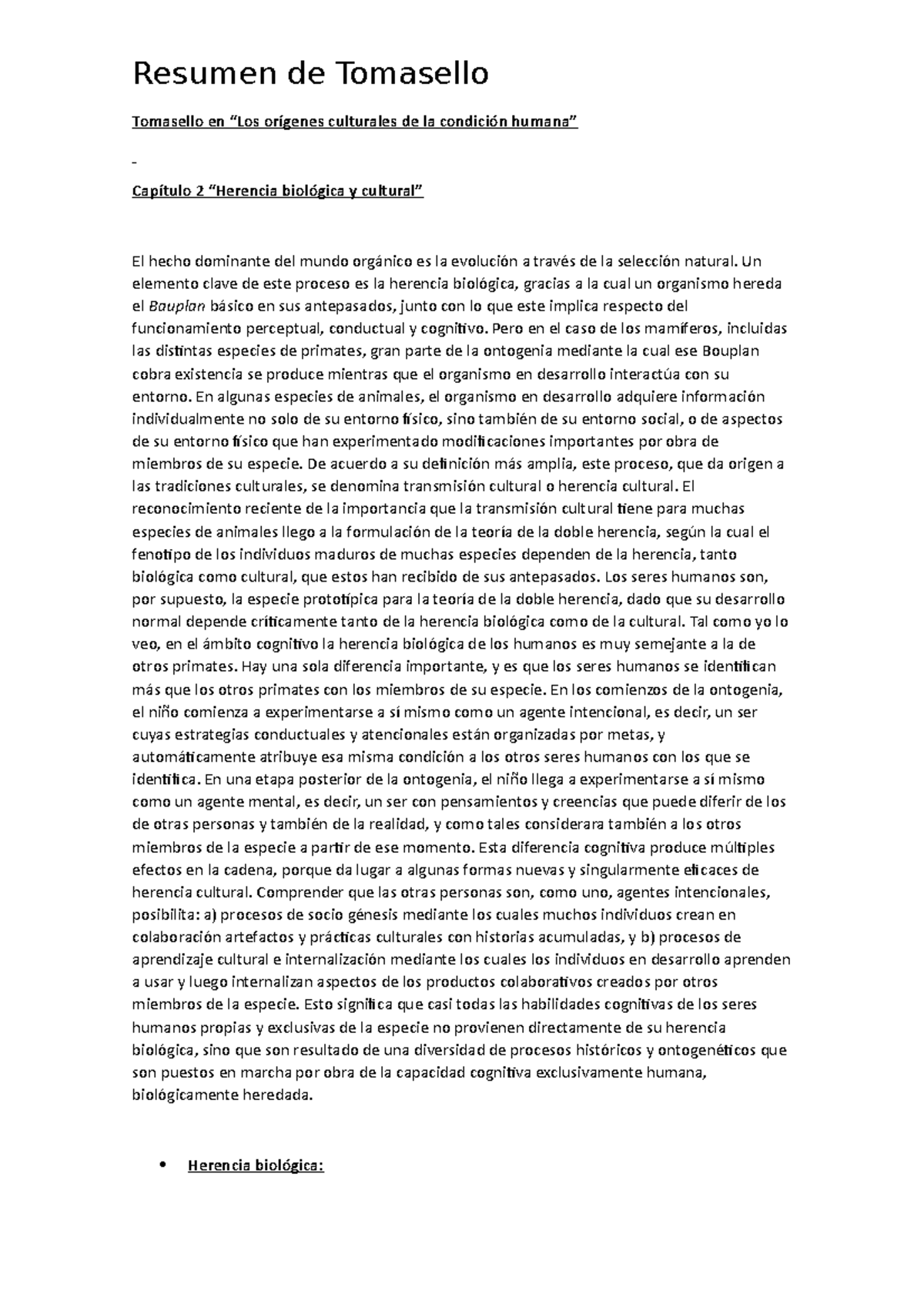 Resumen de Tomasello - Tomasello en “Los orígenes culturales de la ...