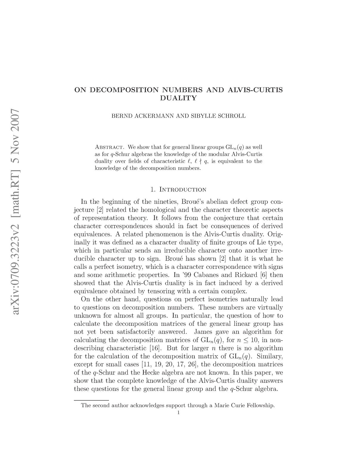 0709 - Cours - ArXiv:0709 [math] 5 Nov 2007 ON DECOMPOSITION NUMBERS ...