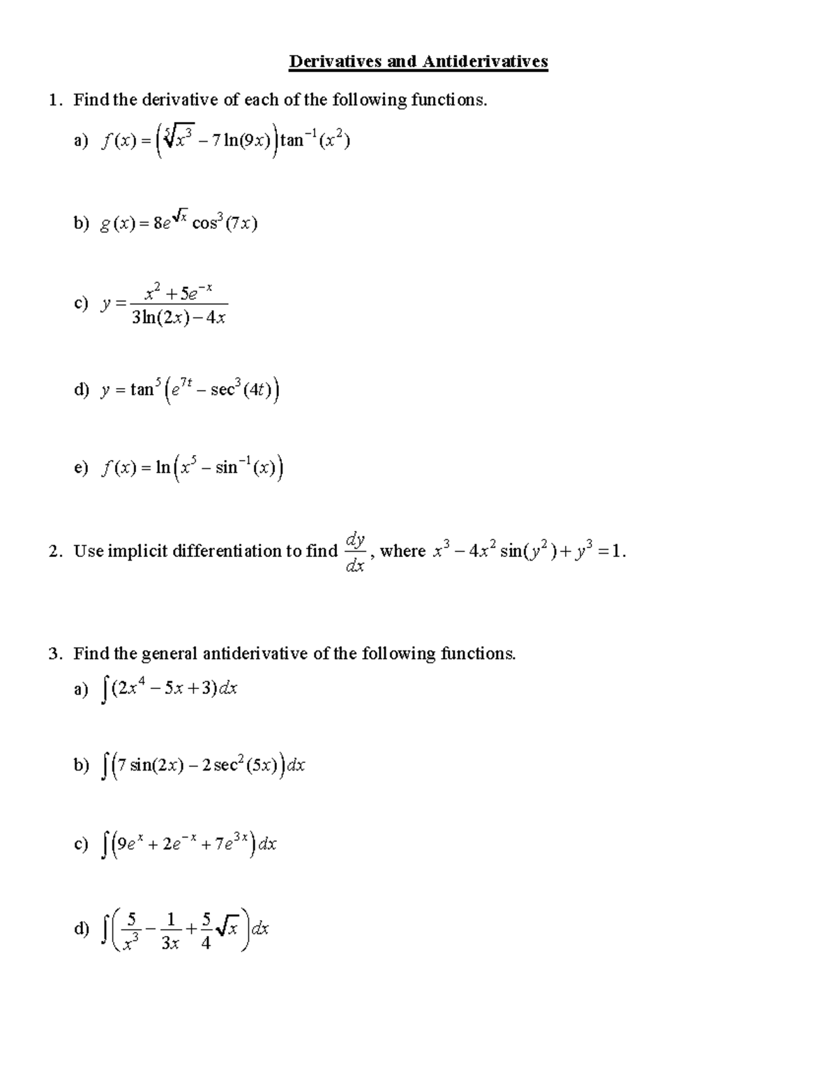 Derivatives and Antiderivatives Worksheet - Derivatives and ...