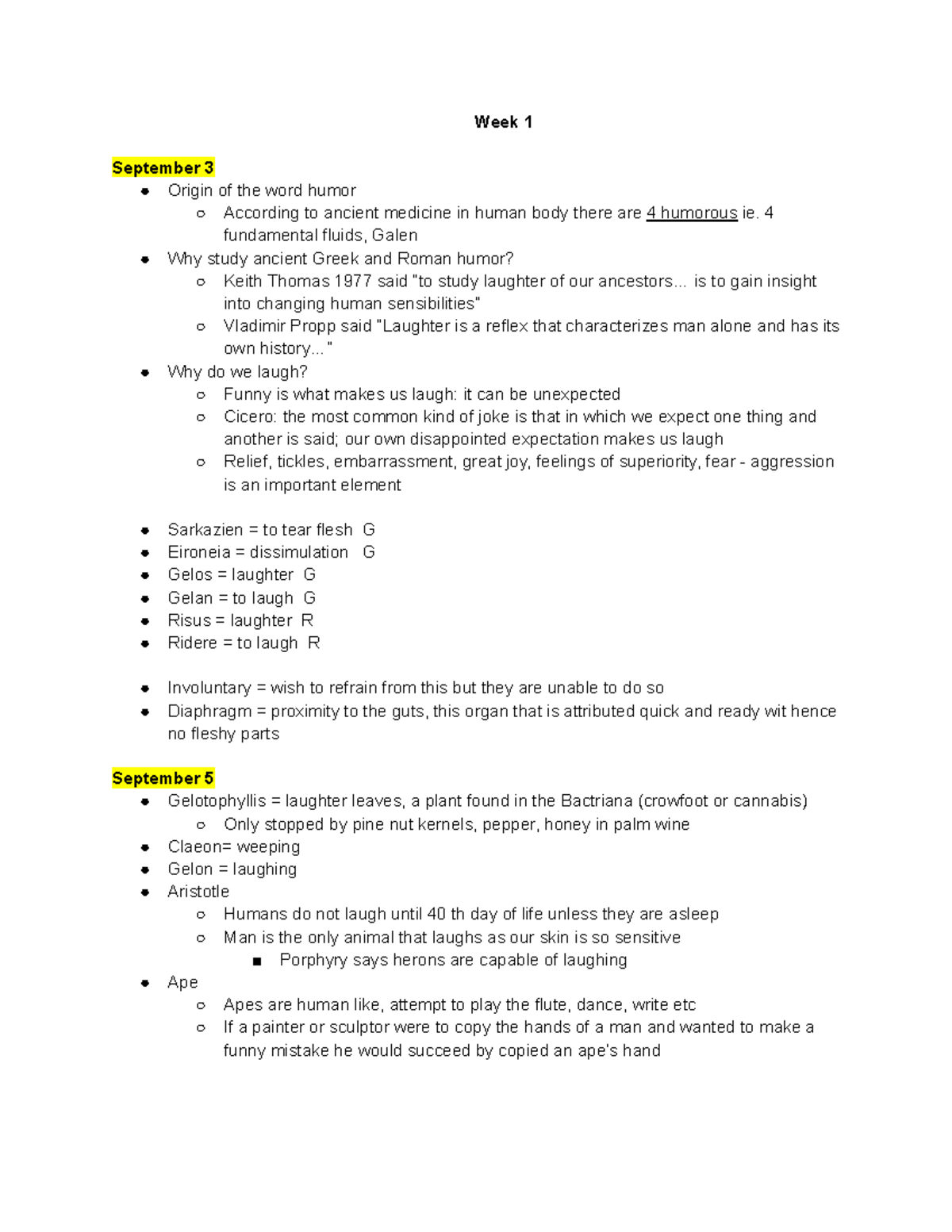 CLST Class notes, midterm 1 - Week 1 September 3 Origin of the word ...
