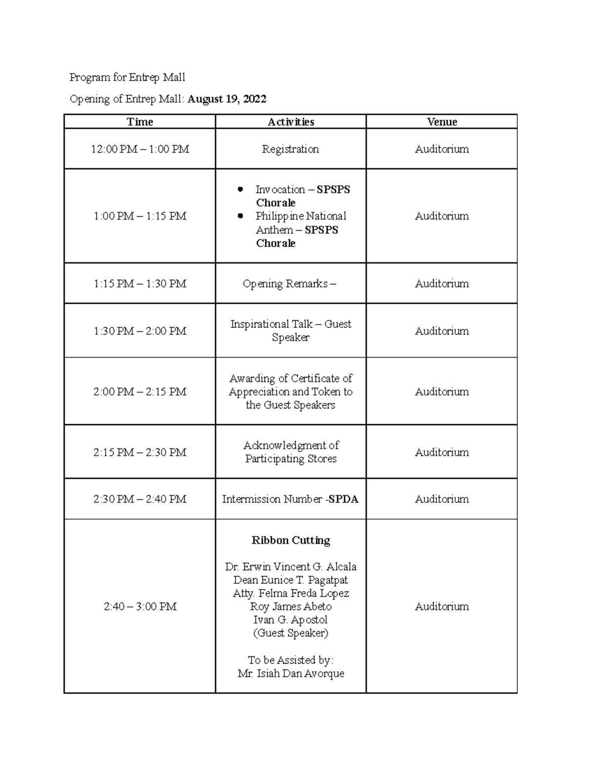 Program for Entrep MALL - Program for Entrep Mall Opening of Entrep ...