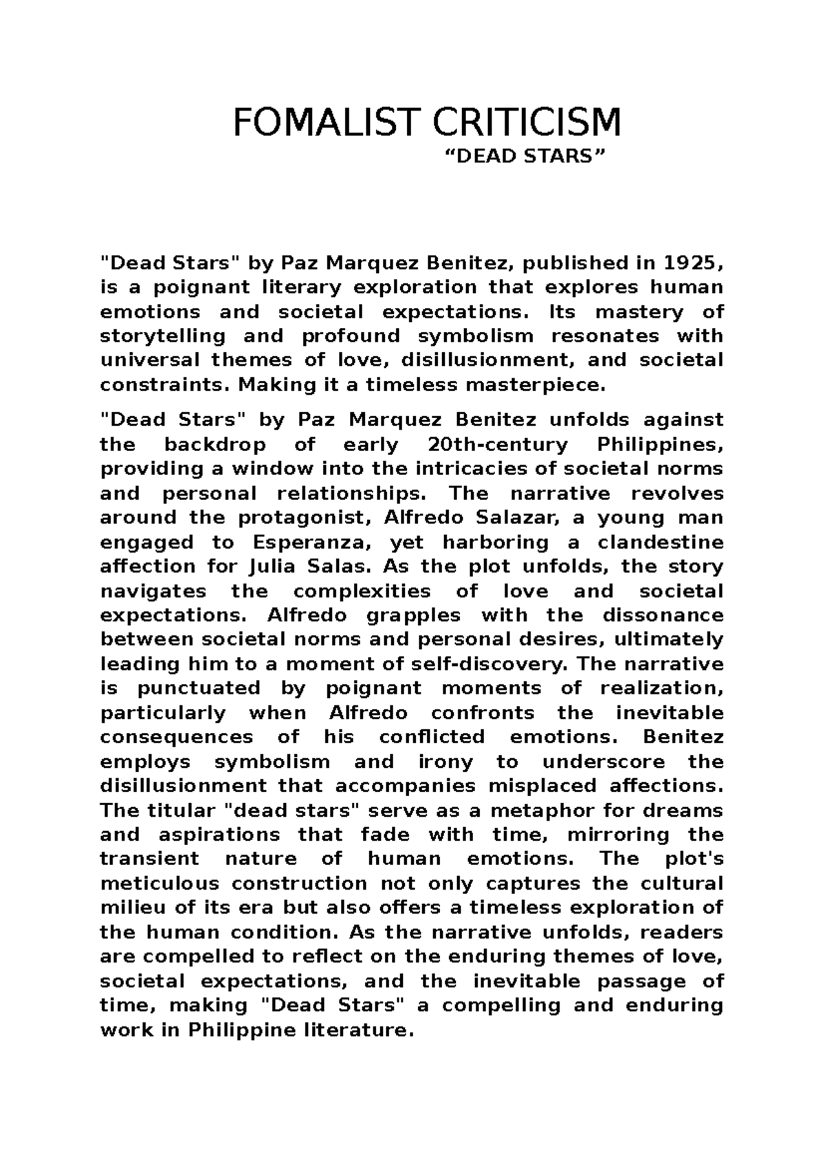 Formalism Approach - FOMALIST CRITICISM “DEAD STARS” 