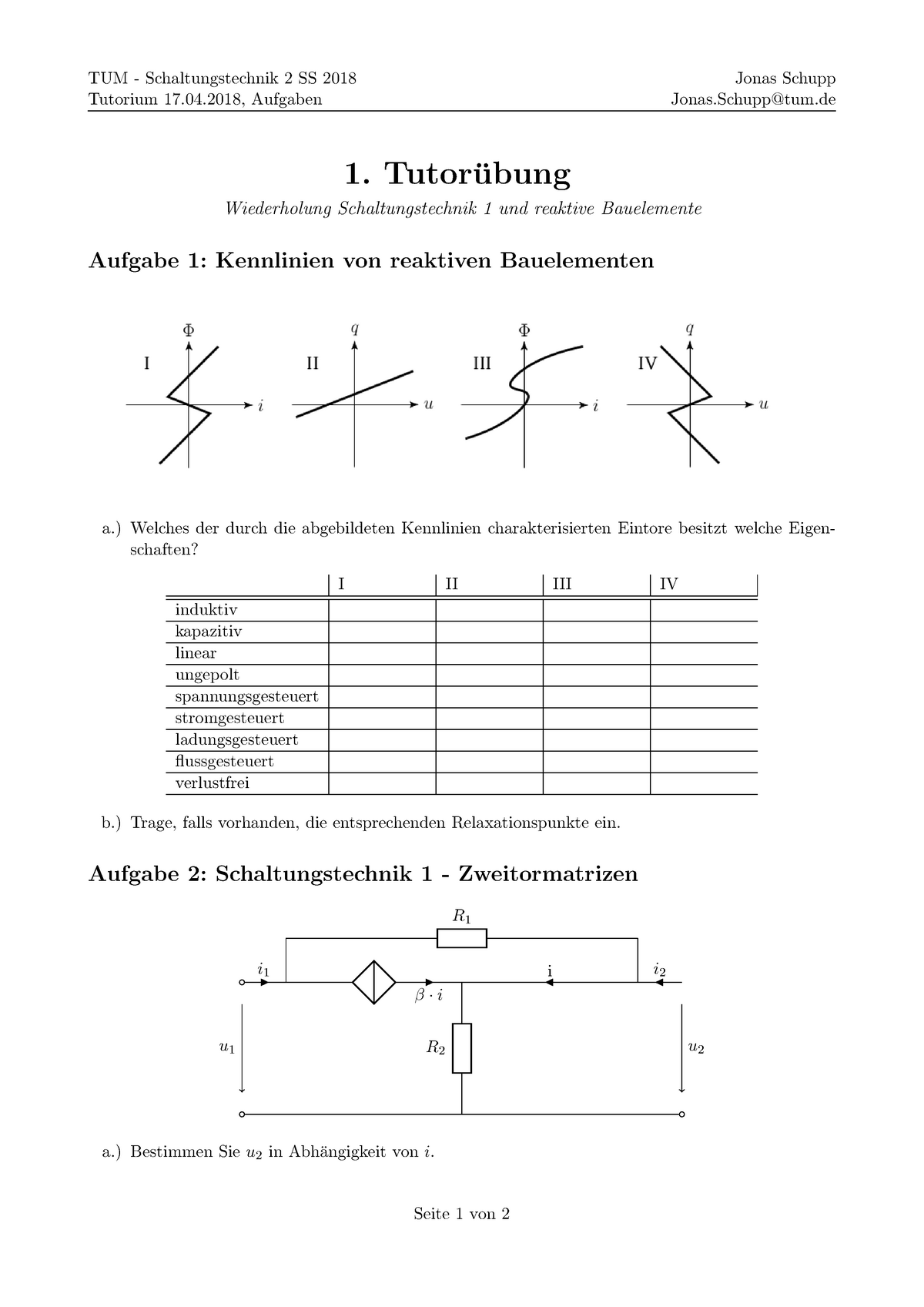 01 Aufgaben - TUM Schaltungstechnik 2 SS 2018 Tutorium 17.04, Aufgaben ...