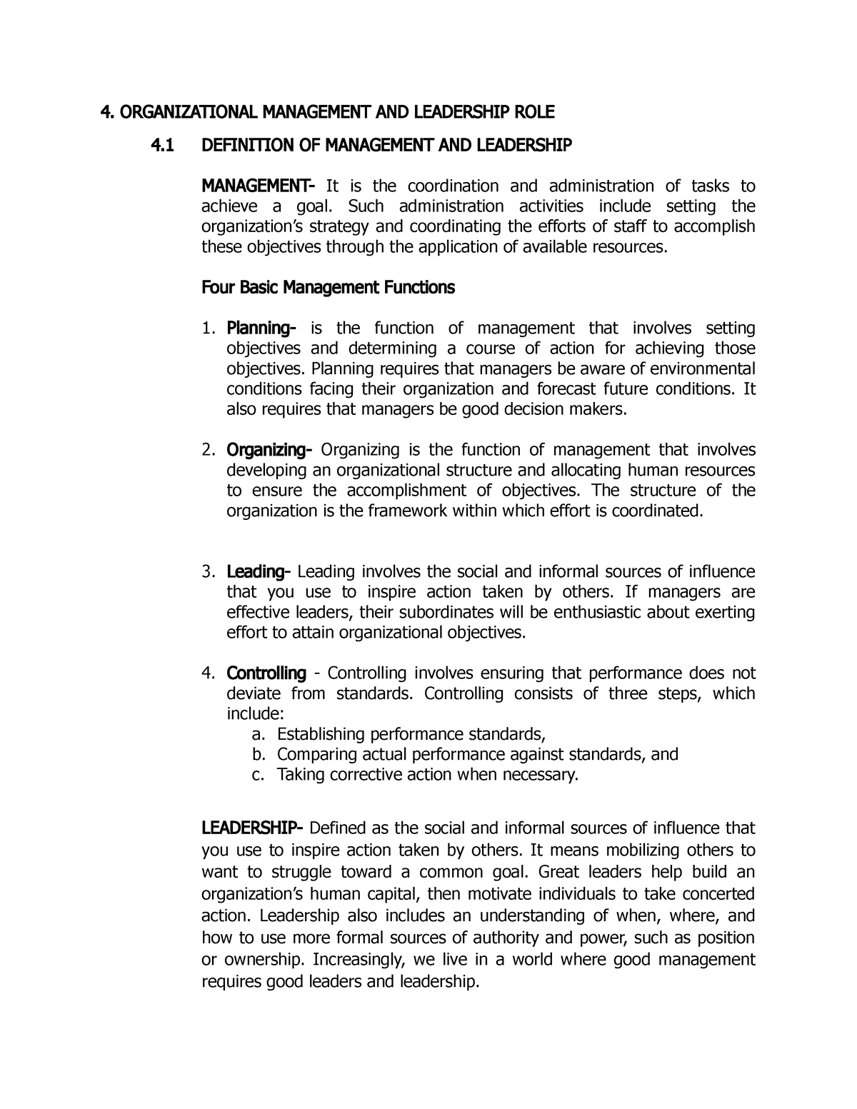 PCU- Organizational Management AND Leadership ROLE - 4. ORGANIZATIONAL ...