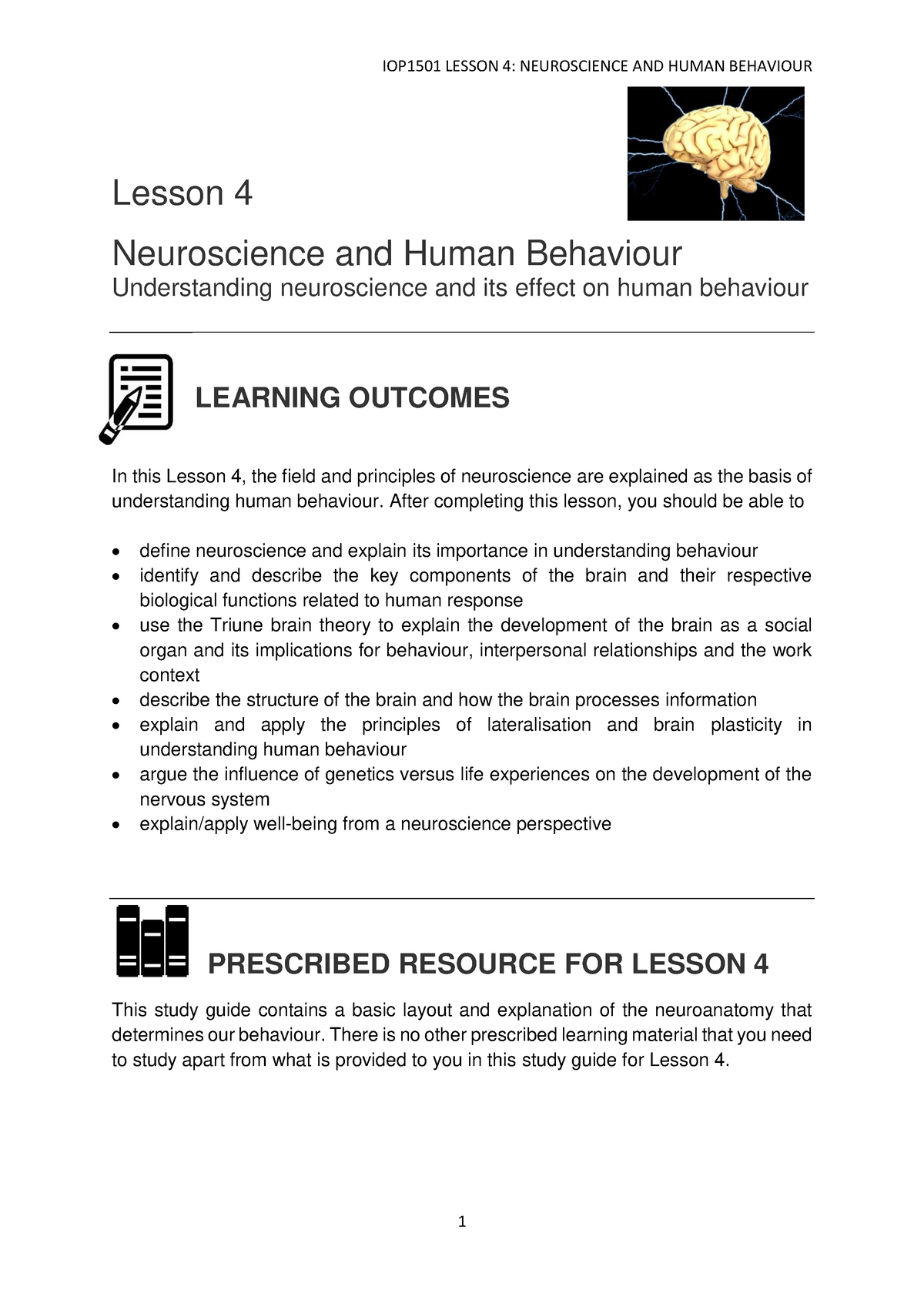 Study Guide Lesson 4 Neuroscience And Human Behaviour - Lesson 4 ...