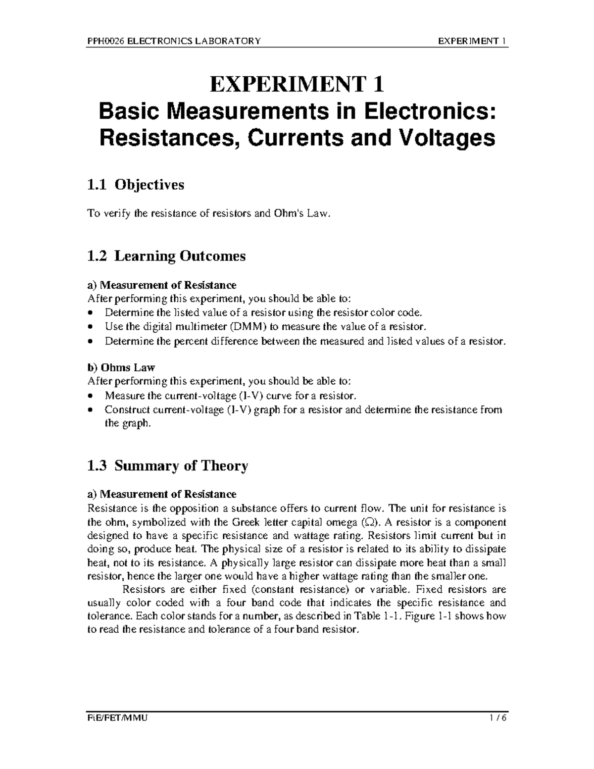 Manual E1 Basic Measurements Electronics 2125 - EXPERIMENT 1 Basic ...