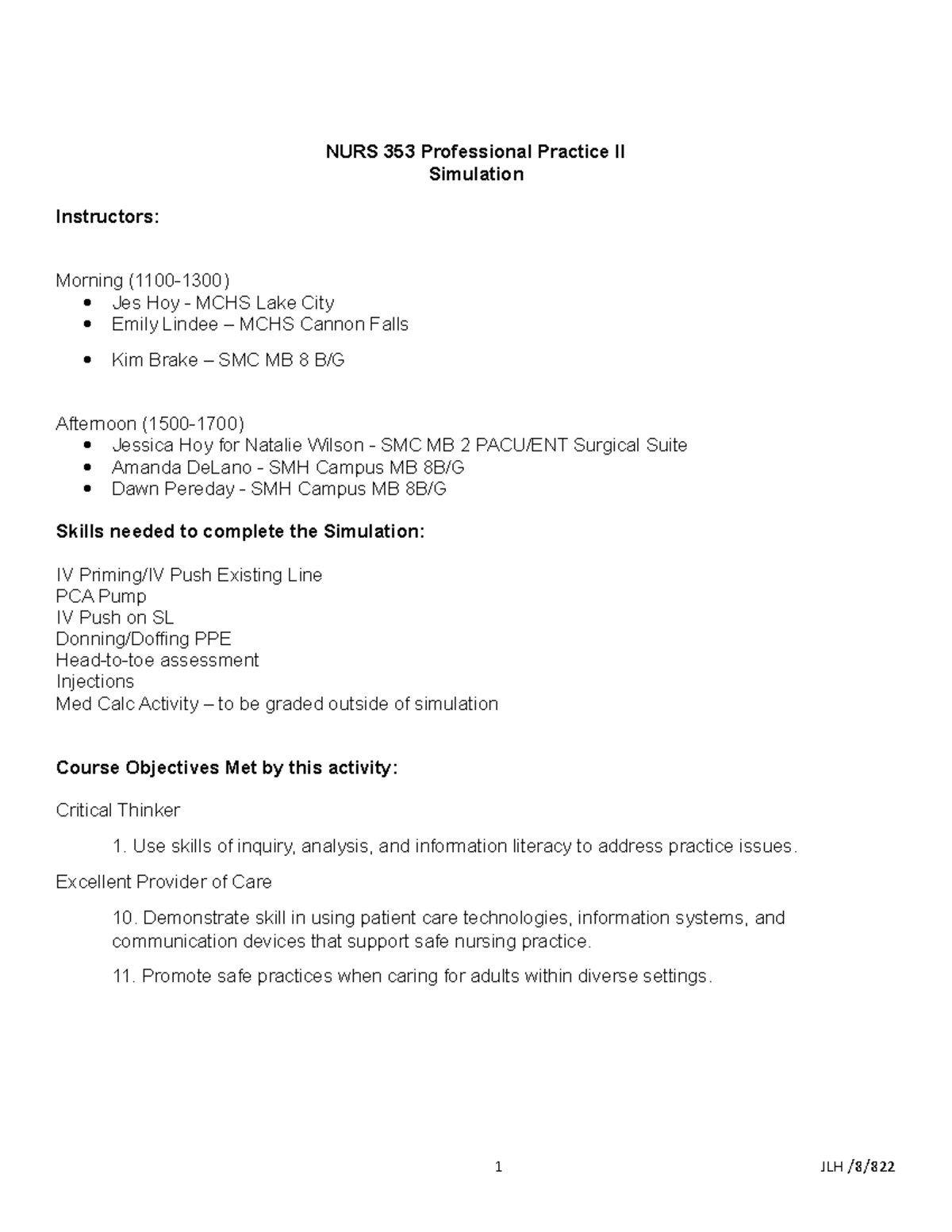 F 22 Simulation Sign Off sheet - NURS 353 Professional Practice II ...