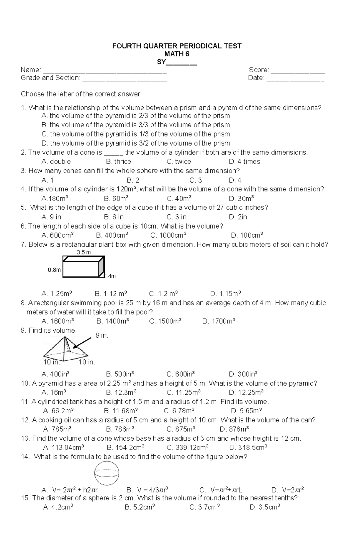 Pt Mathematics 6 - Q4 V1 - Fourth Quarter Periodical Test Math 6 Sy 