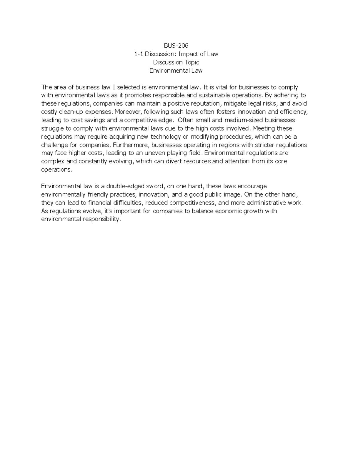 BUS 206 1 1 Discussion Impact of Law BUS 11 Discussion Impact of Law Discussion Topic Studocu