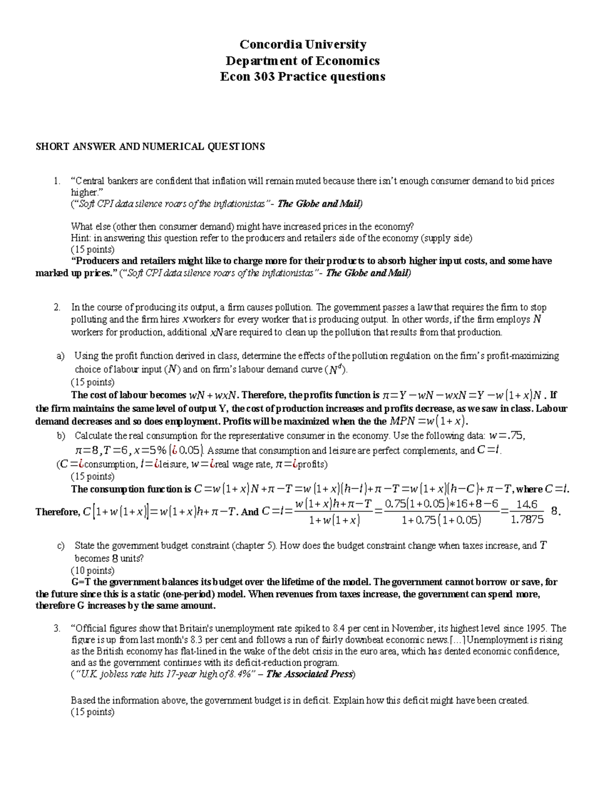 Practice questions - midterm and final Econ 303 pratice - Concordia ...