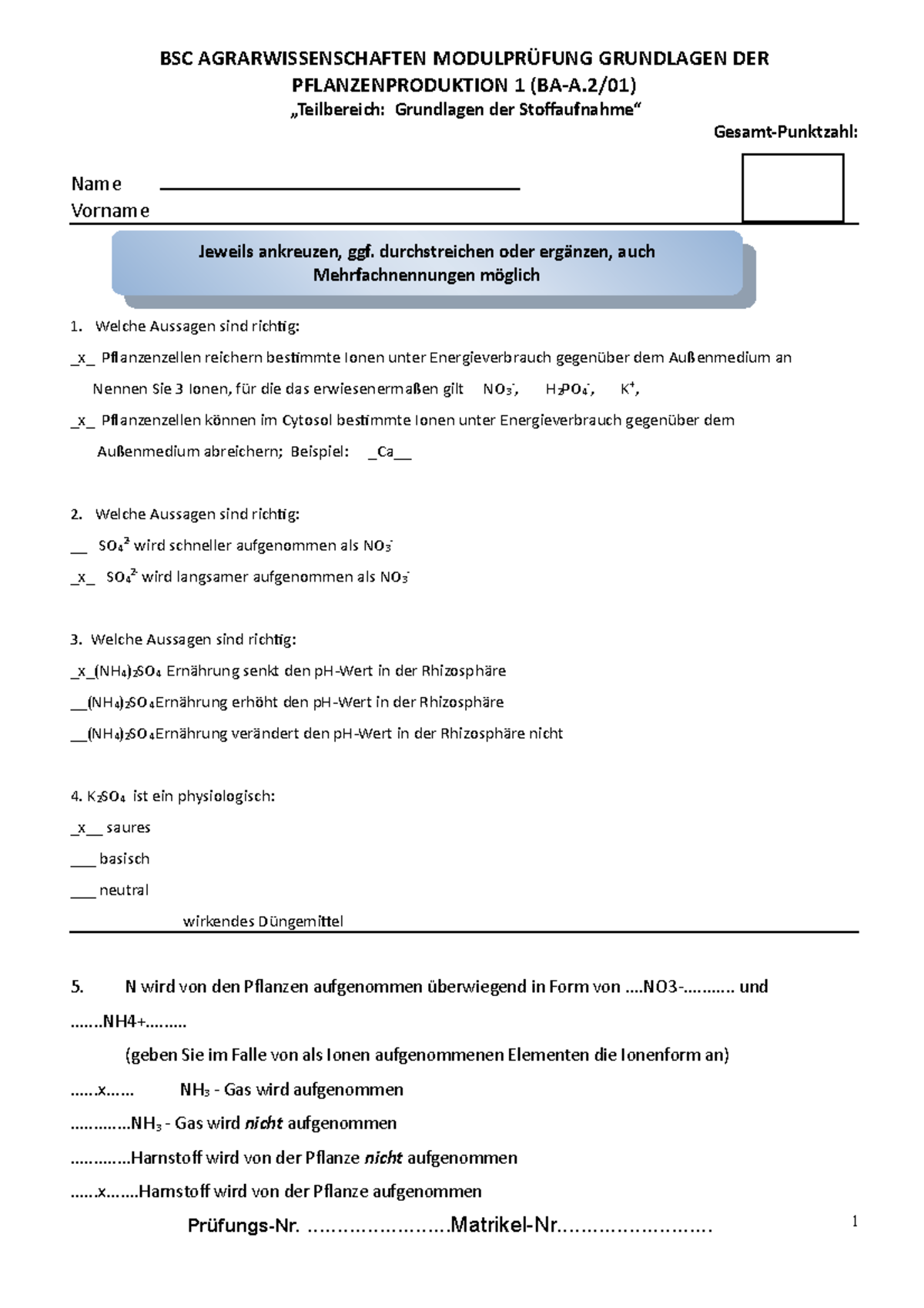 Probeklausur Fragen Und Antworten Bsc Agrarwissenschaften Modulpr Fung Grundlagen Der