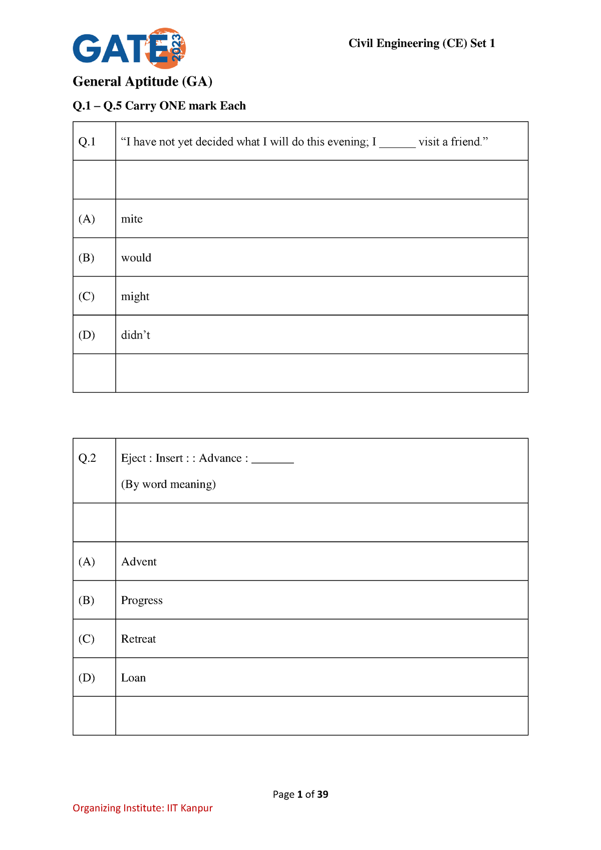 C124M64question Paper - Page 1 of 39 General Aptitude (GA) Q – Q Carry ...