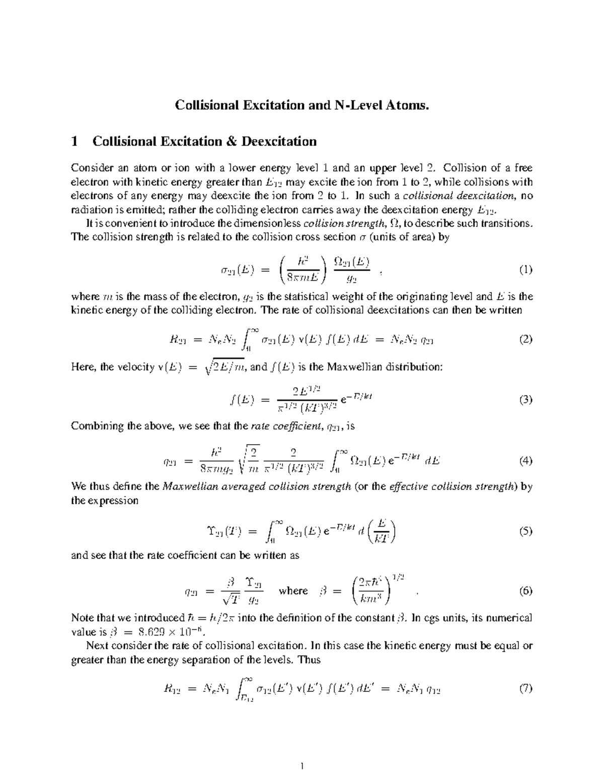 Collisional excitation handout - Collisional Excitation and N-Level ...