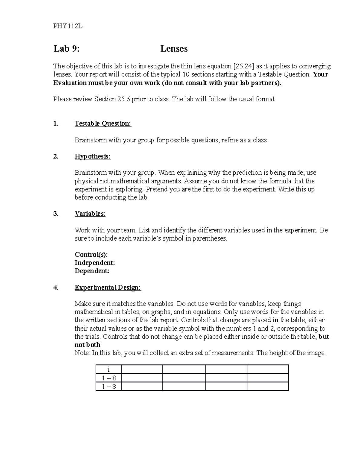 Phy112l - Notes - Lab 9: Lenses The Objective Of This Lab Is To ...