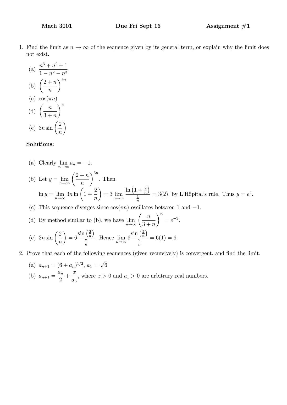 3001 Assn 1 - ASSIGNMENT SOLUTIONS - Math 3001 Due Fri Sept 16 ...