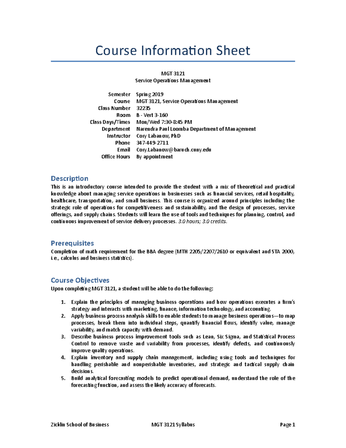 MGT 3121 Syllabus Course Information Sheet MGT 3121 Service
