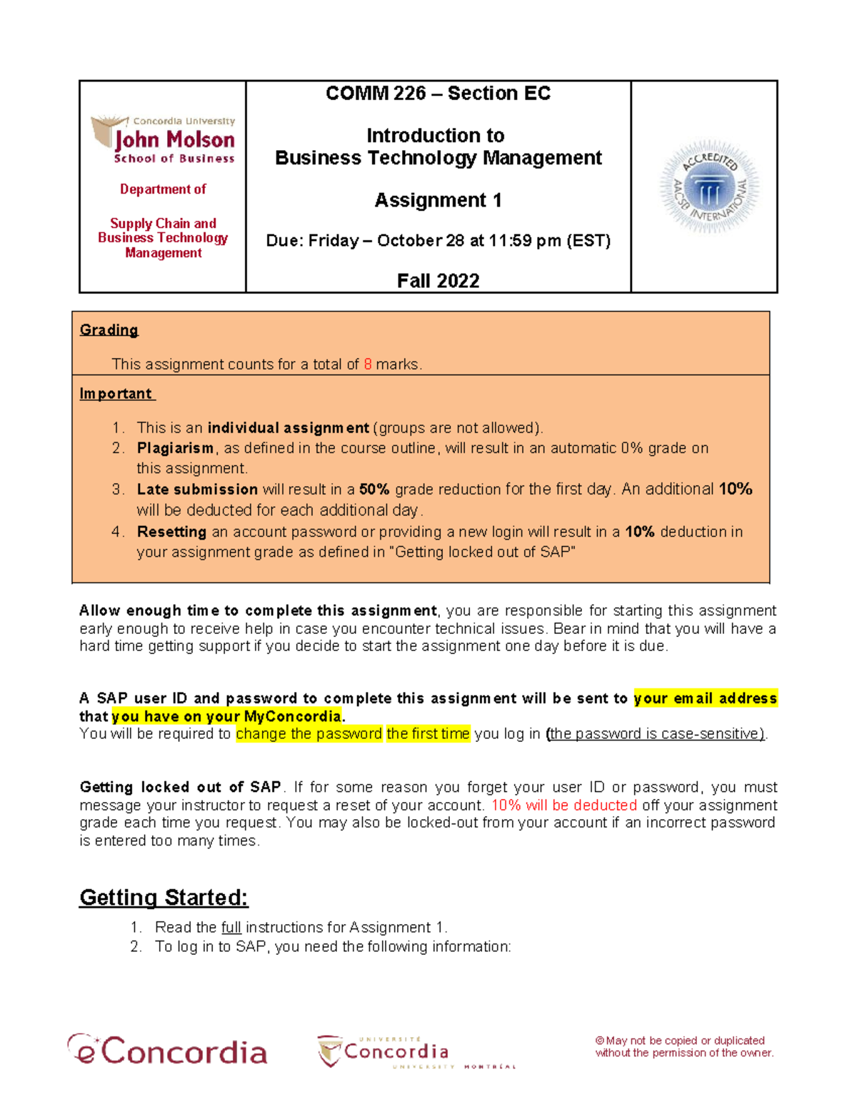 Assignment 1 COMM 226 Fall 2022 - Department of Supply Chain and ...