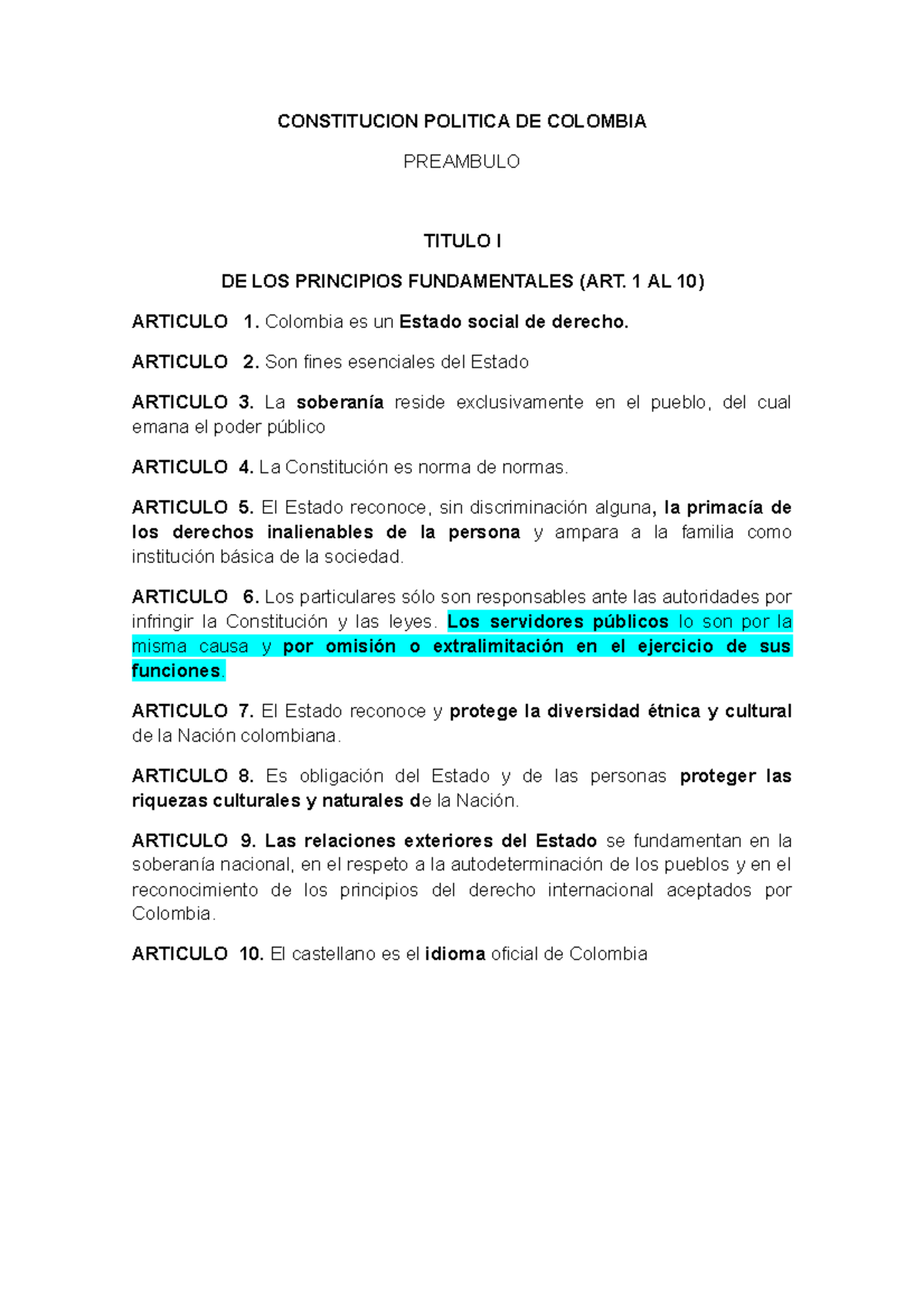 Constitucion Politica DE Ya CONSTITUCION POLITICA DE COLOMBIA
