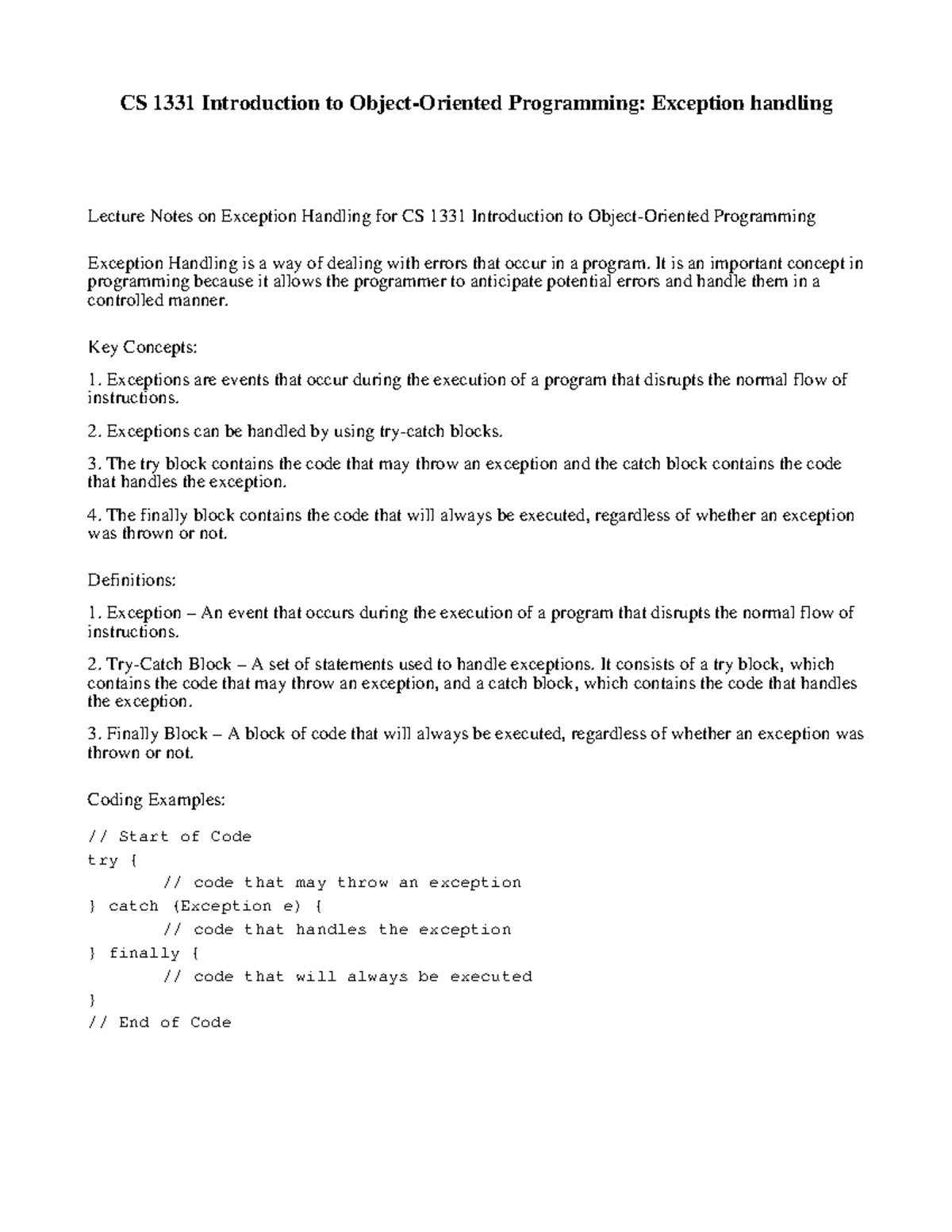 CS 1331 Introduction To Object-Oriented Programming - Exception ...