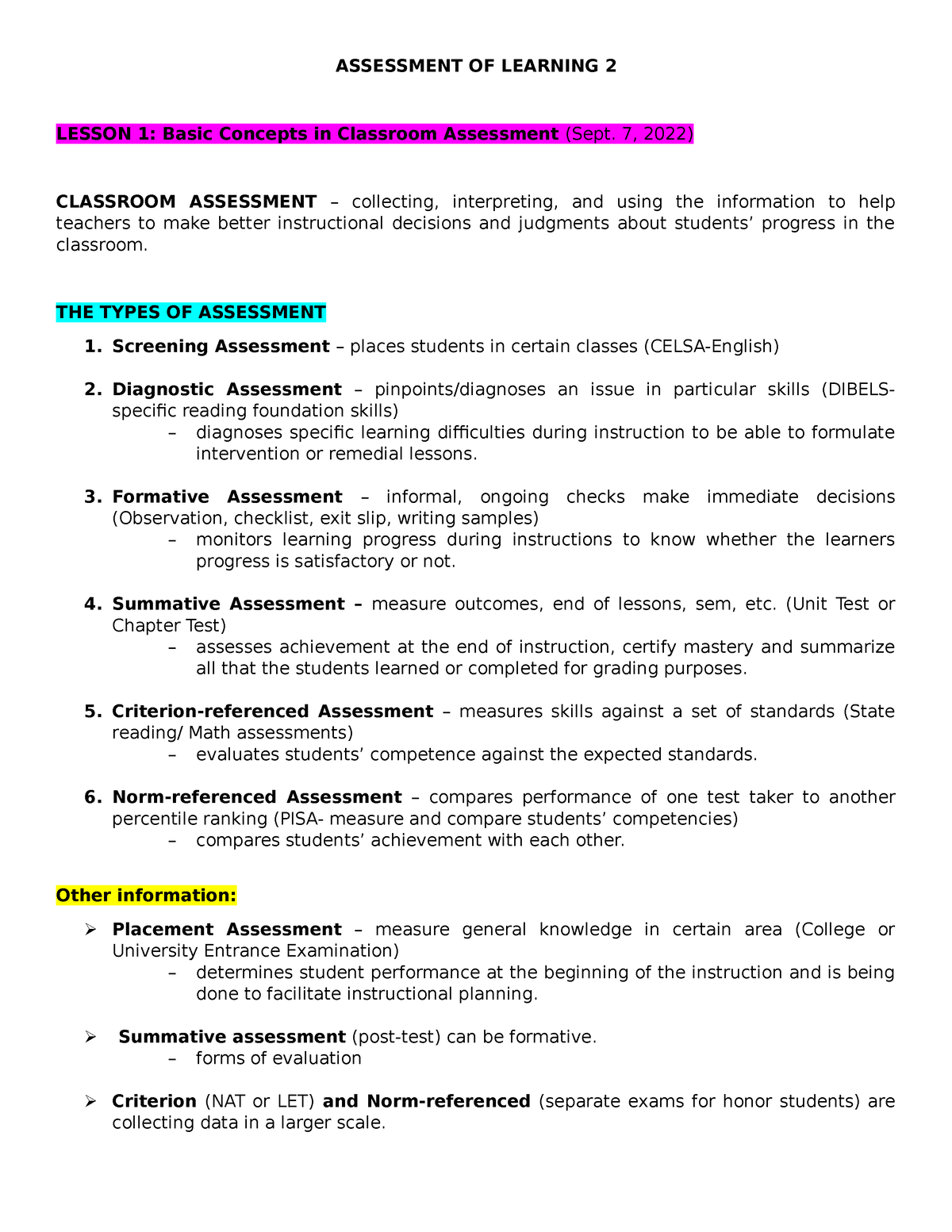 Wednesday - Lecture And Reviewer In Assessment Of Learning 2 ...