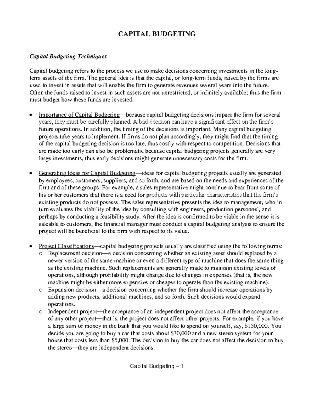 Capital budgeting - Lecture notes 2 - CAPITAL BUDGETING Capital ...