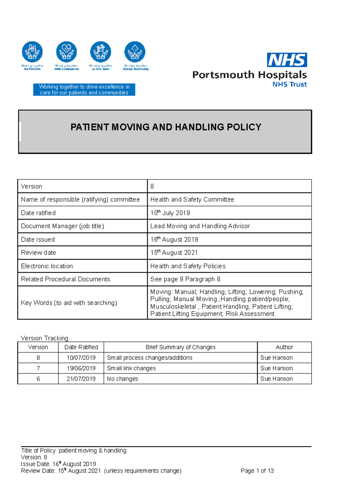 Patient Moving and Handling Policy PATIENT MOVING AND HANDLING POLICY