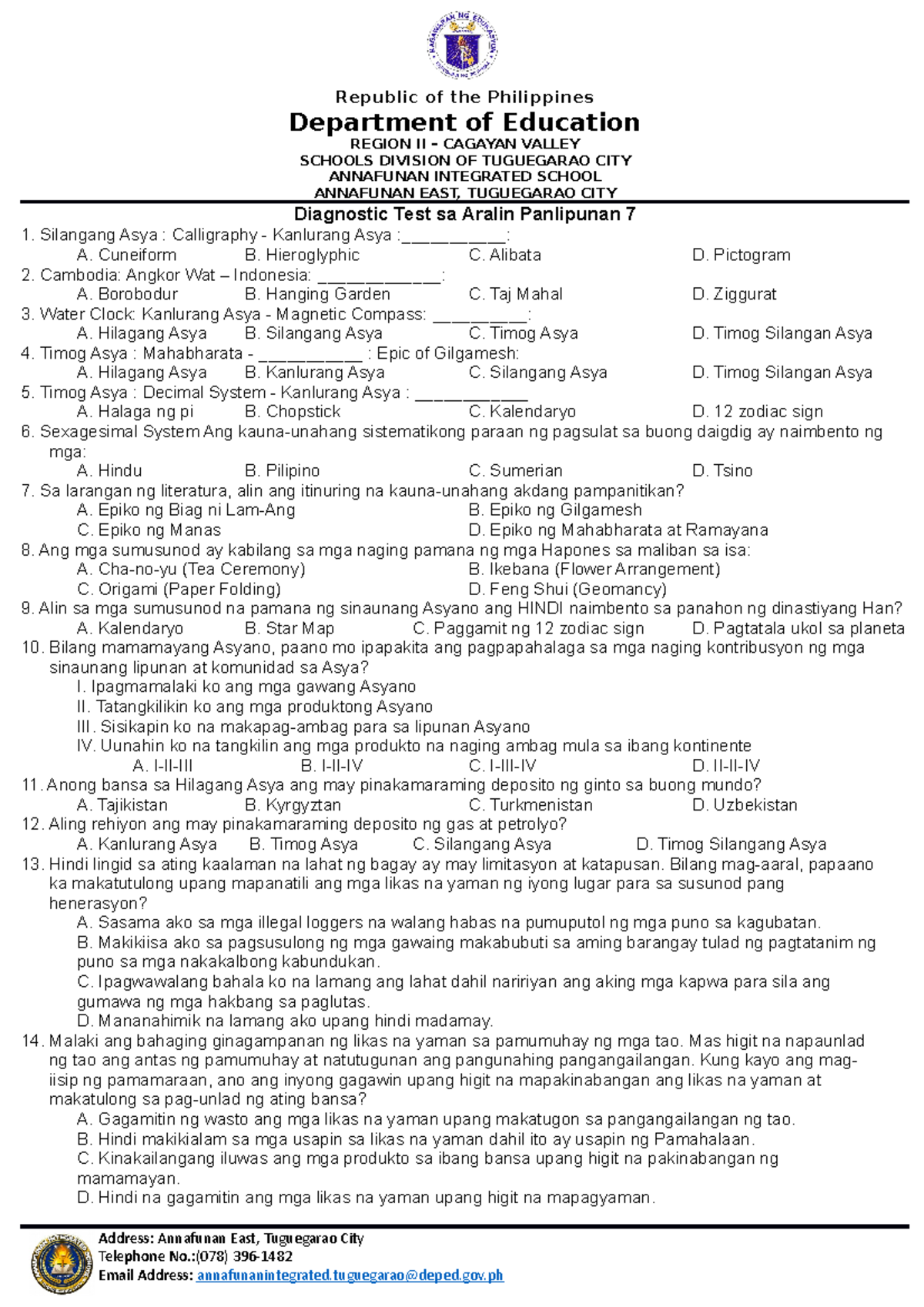 Diagnostic Test sa ap final - Department of Education REGION II ...
