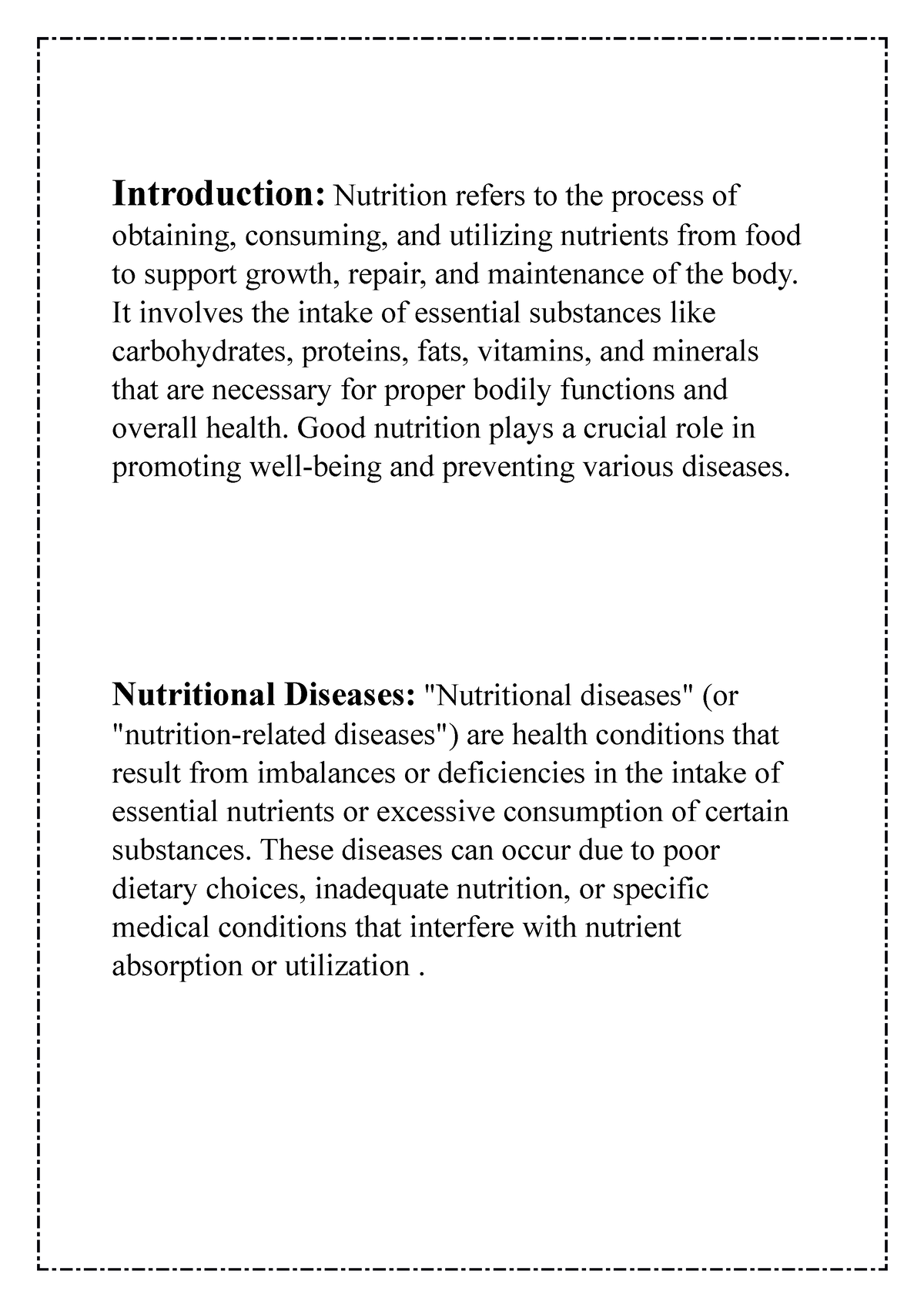 Introduction - bbbb - Introduction: Nutrition refers to the process of ...