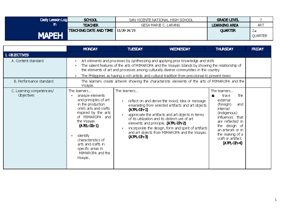 Q2 Grade 7 Arts DLL Week 1 - Daily Lesson Log in MAPEH SCHOOL SAN ...