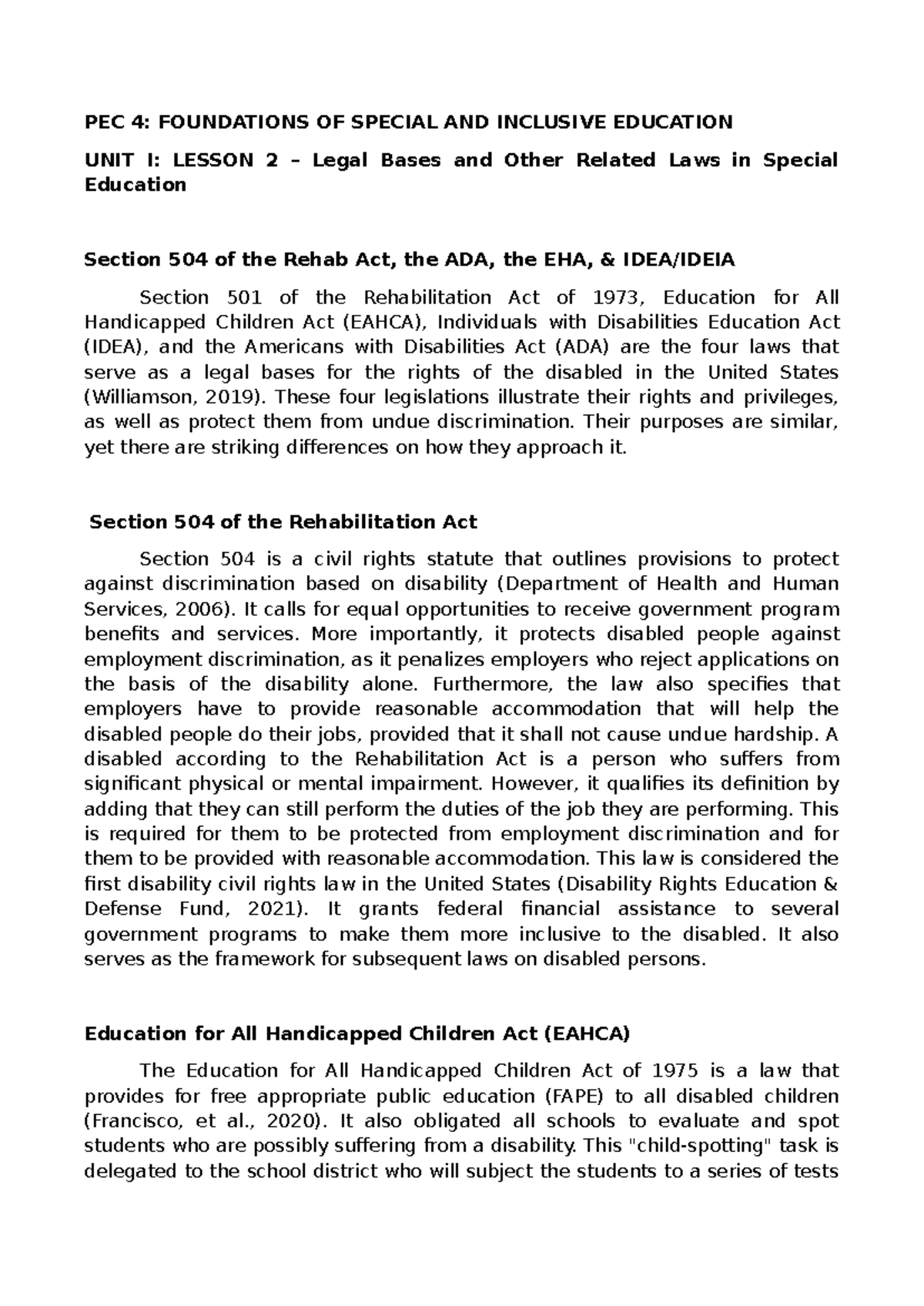 PEC 4 (UNIT I Lesson 2) Legal Bases and Laws in Special Education