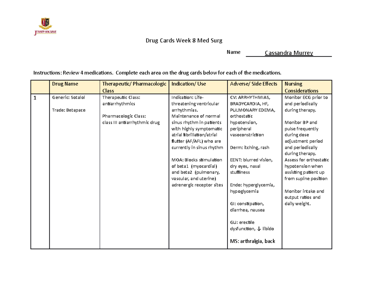 Form for Drug Card Activity - Drug Cards Week 8 Med Surg Name Cassandra ...