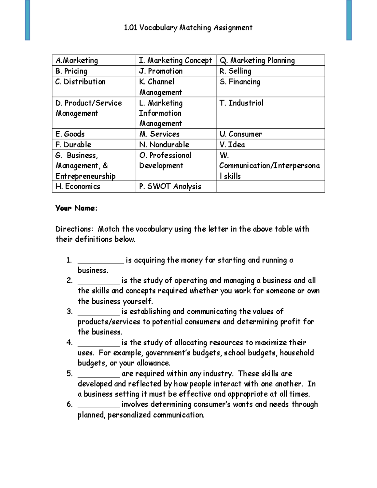1.01 Vocabulary Matching Assignment - 1 Vocabulary Matching Assignment ...