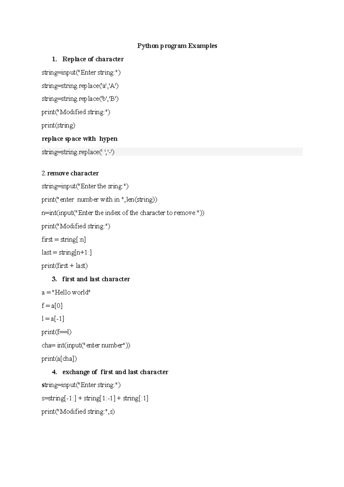 Python program Examples - Replace of character string=input(