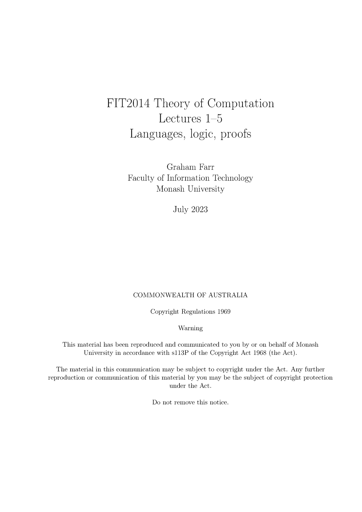 Lectures 1-5 - Lecture Notes 1-5 - FIT2014 Theory Of Computation ...