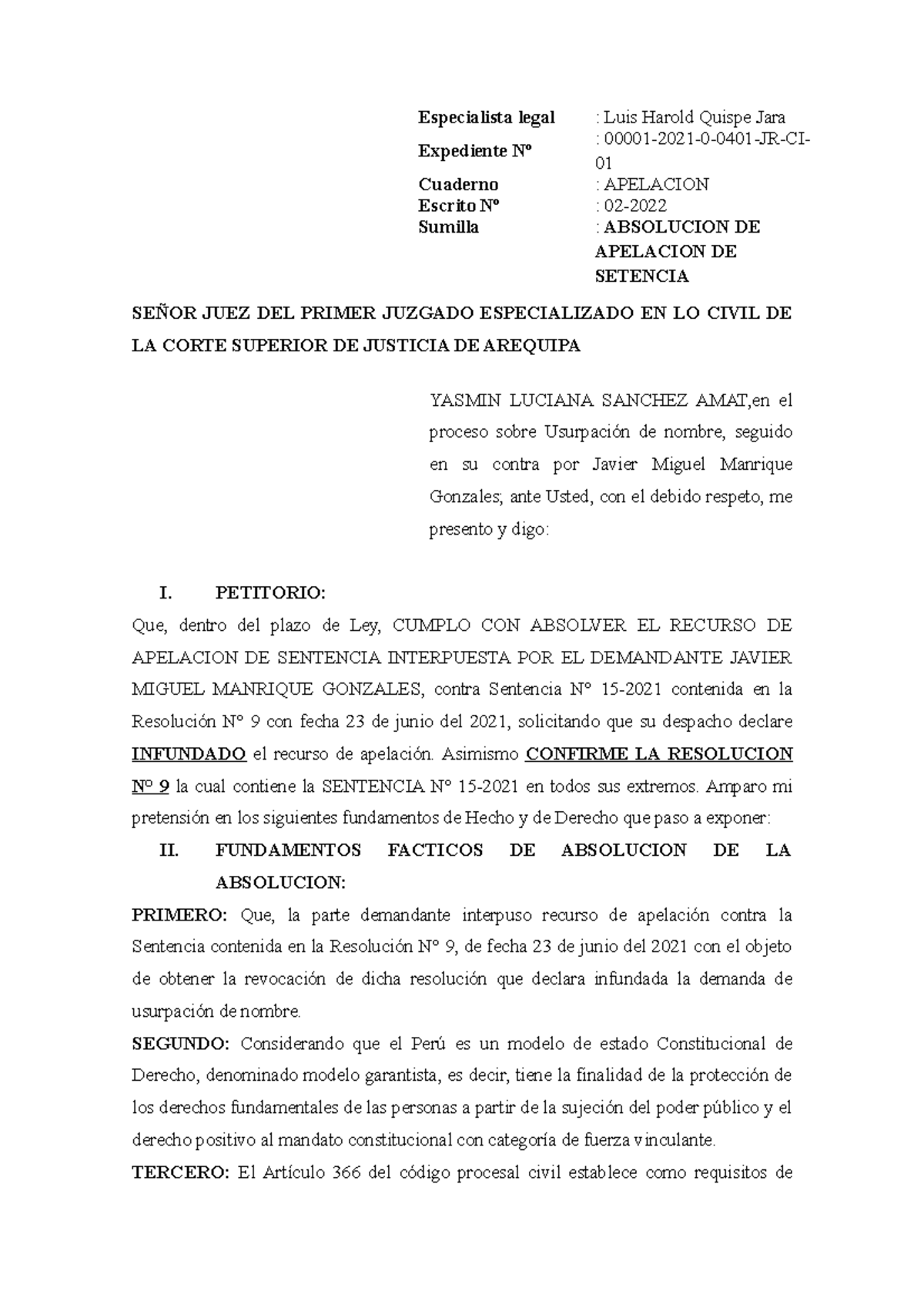 Absolucion De Apelacion SeÑor Juez Del Primer Juzgado Especializado En Lo Civil De La Corte 9534