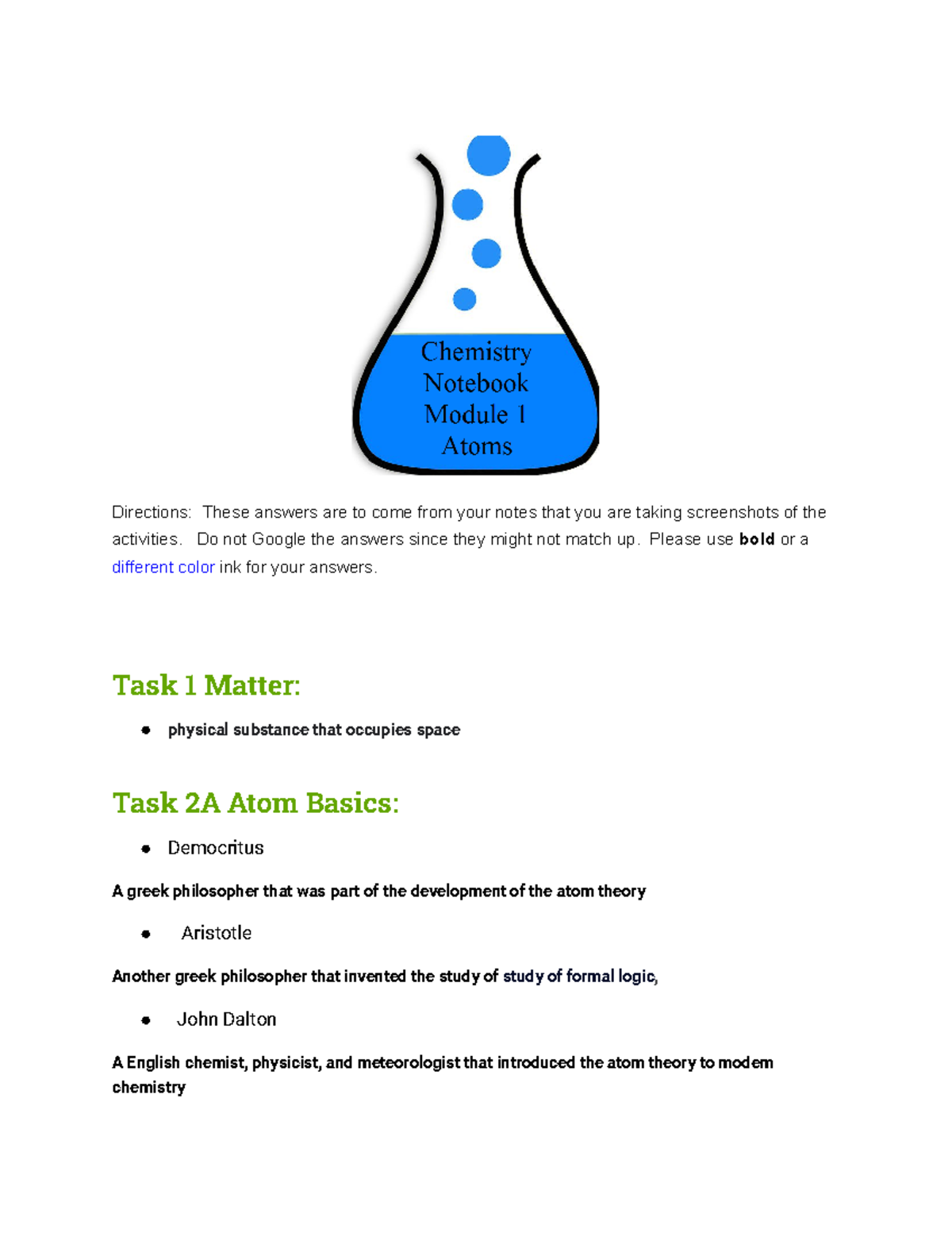 Copy of Mod 1 Atoms Notebook - Directions: These answers are to come ...