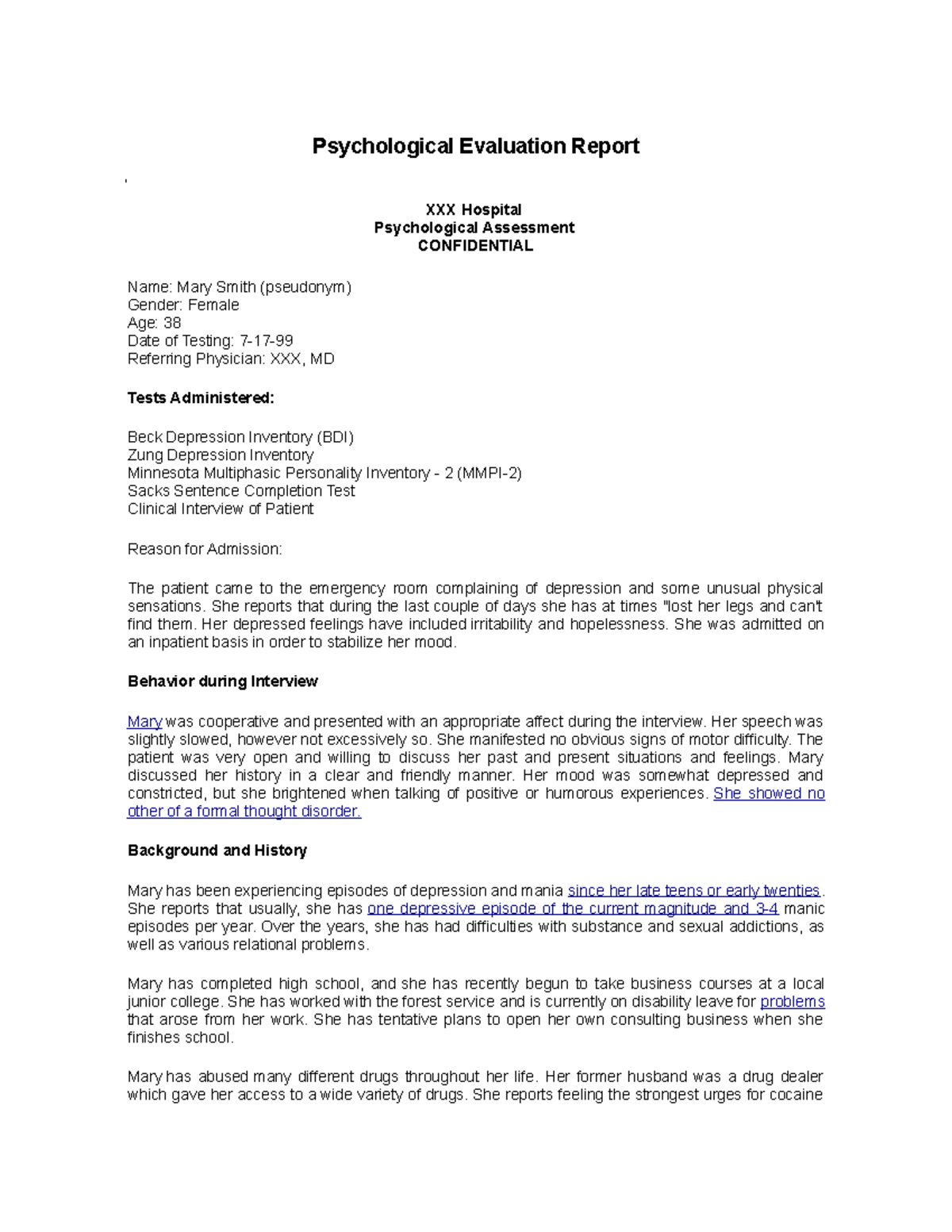 Psych Evaluation REport Psychological Evaluation Report XXX Hospital