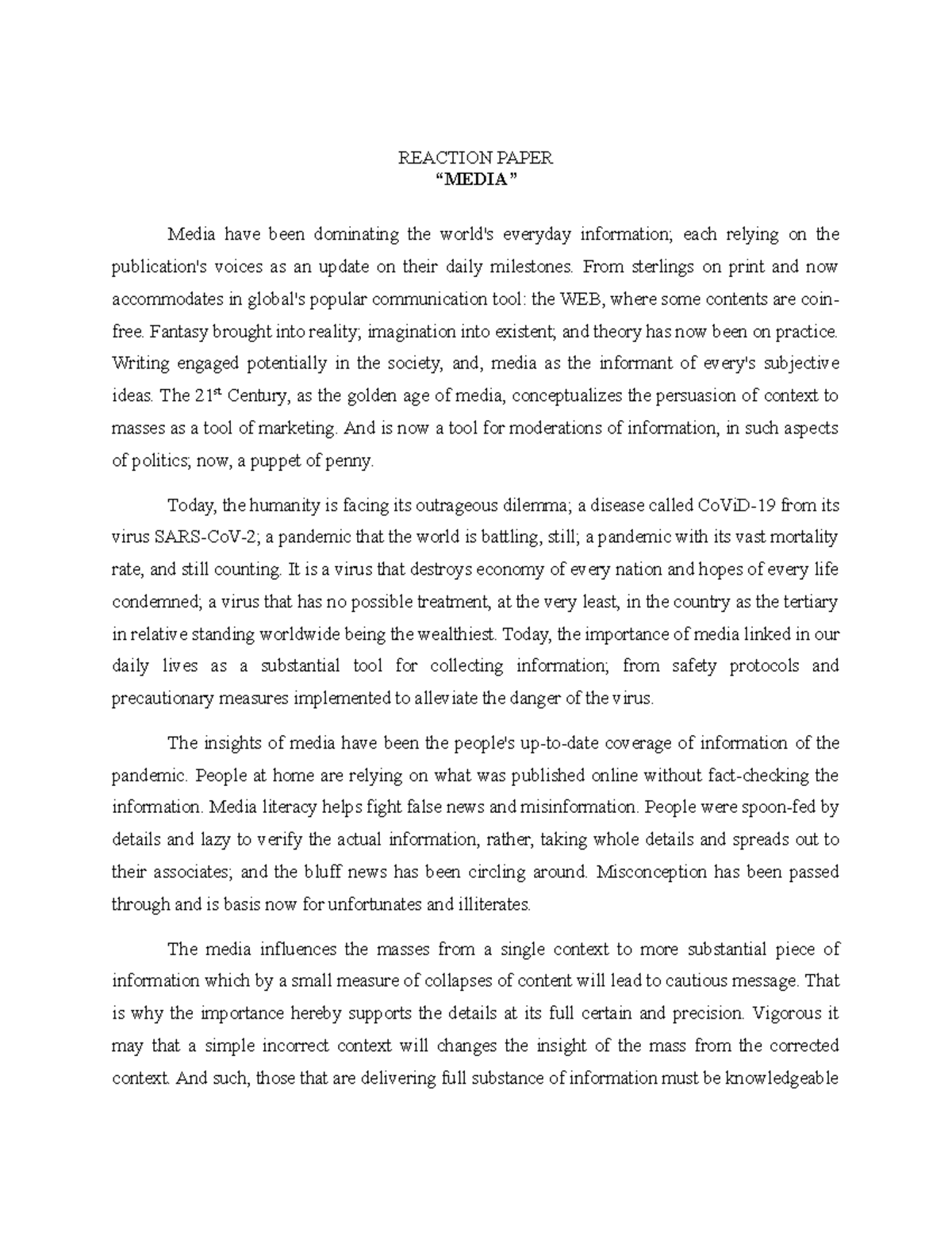 Media Answers from my Activity in STS REACTION PAPER “MEDIA” Media