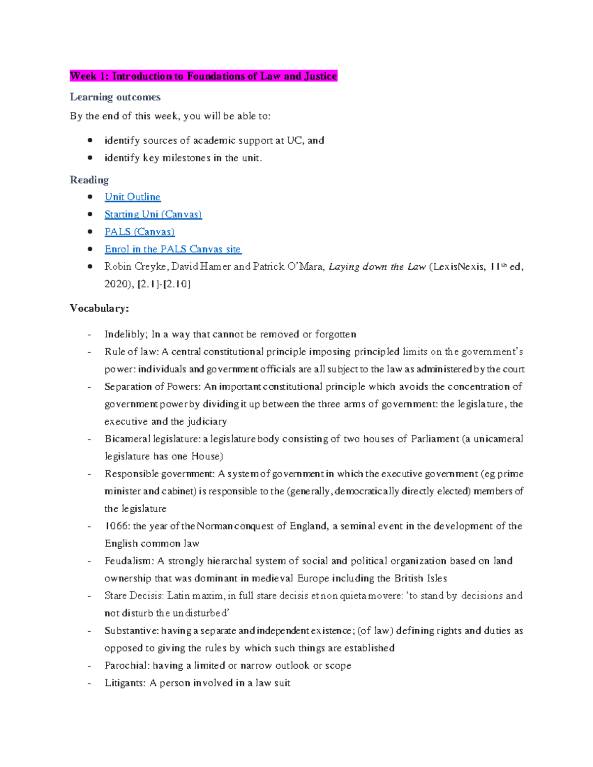 Week 1 notes - Week 1: Introduction to Foundations of Law and Justice ...