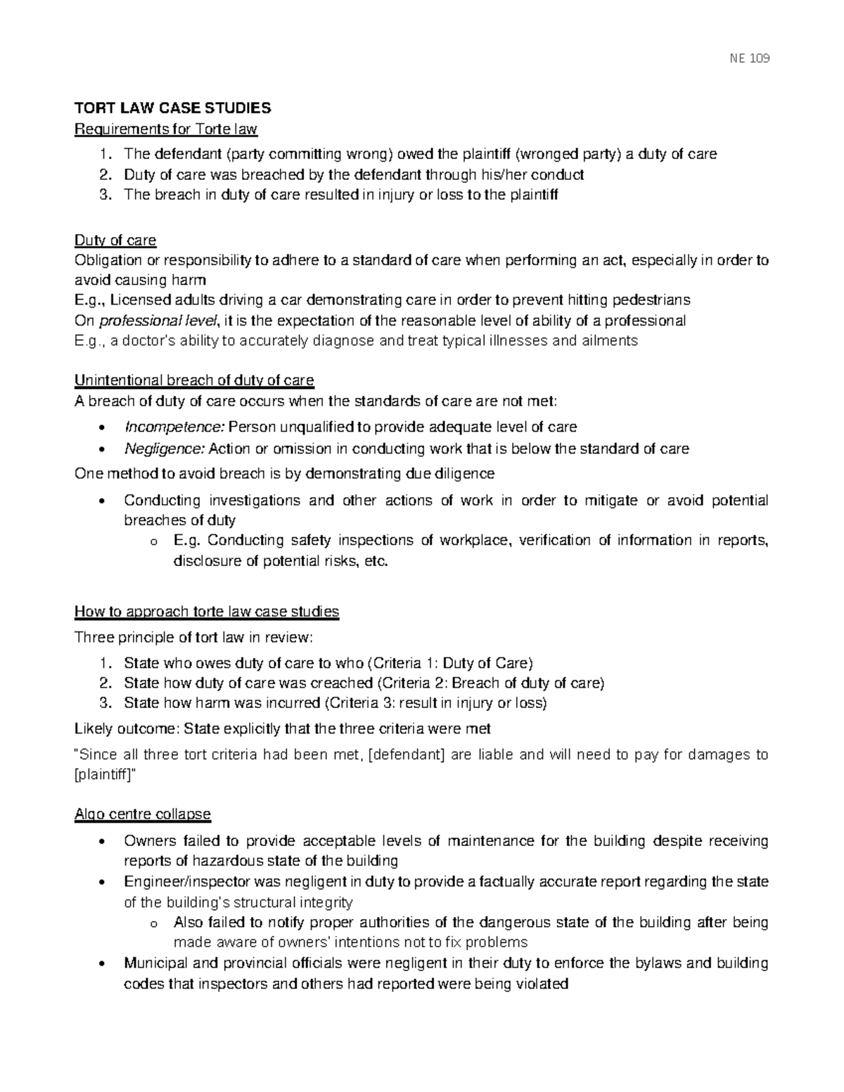 TORT LAW CASE Studies Torte Law Examples From Tutorial For Final Exam 